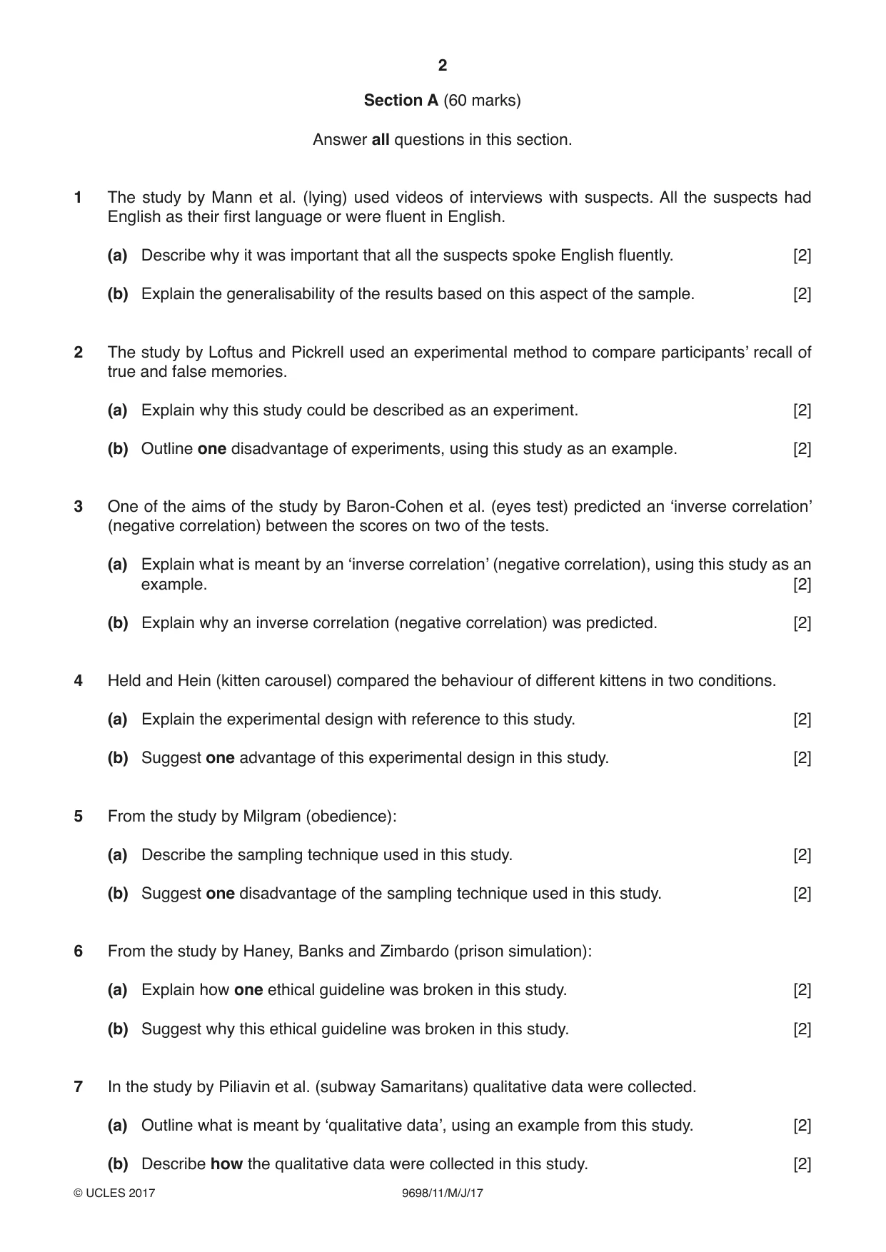 Cambridge A Level Psychology 9698 2017 May/June Paper 1 · Variant 1 question paper, page 2 of 4