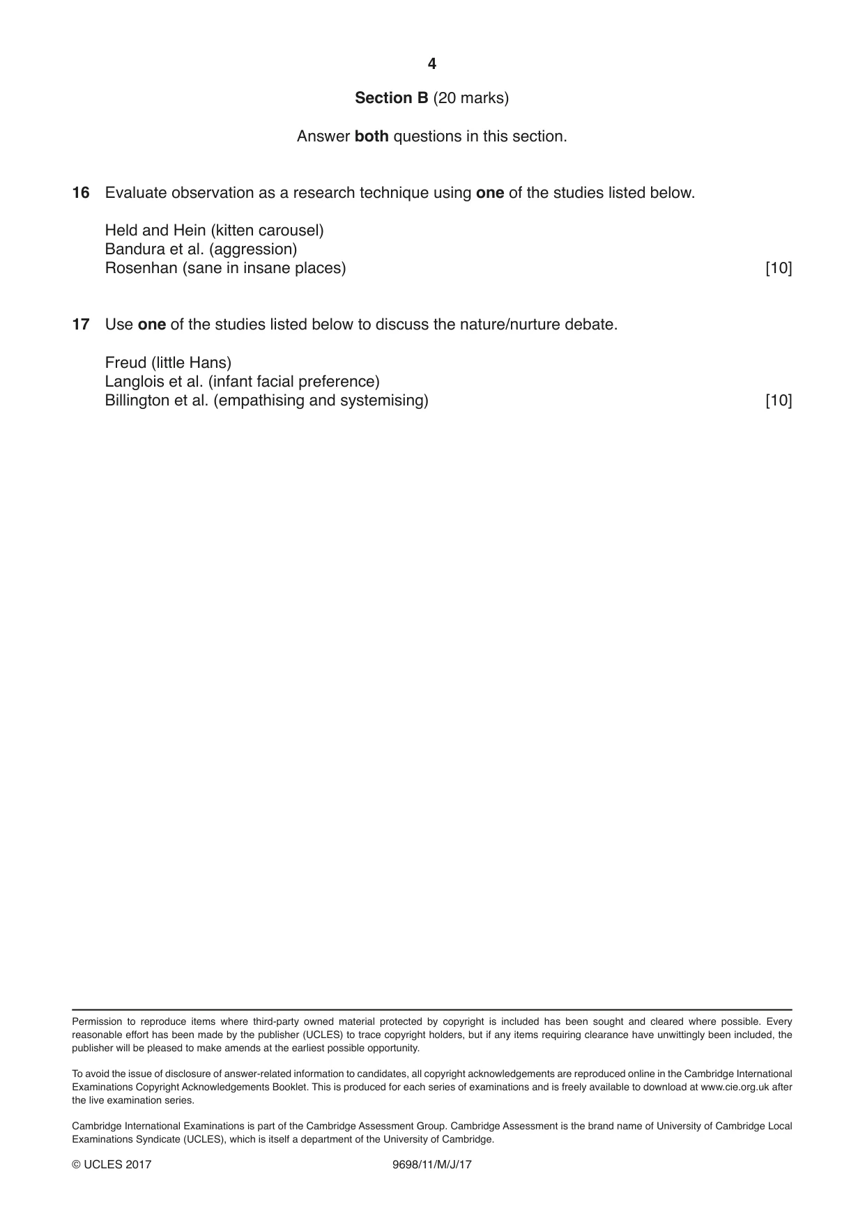 Cambridge A Level Psychology 9698 2017 May/June Paper 1 · Variant 1 question paper, page 4 of 4