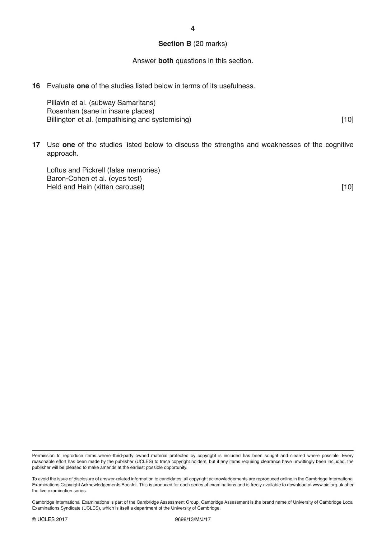 Cambridge A Level Psychology 9698 2017 May/June Paper 1 · Variant 3 question paper, page 4 of 4