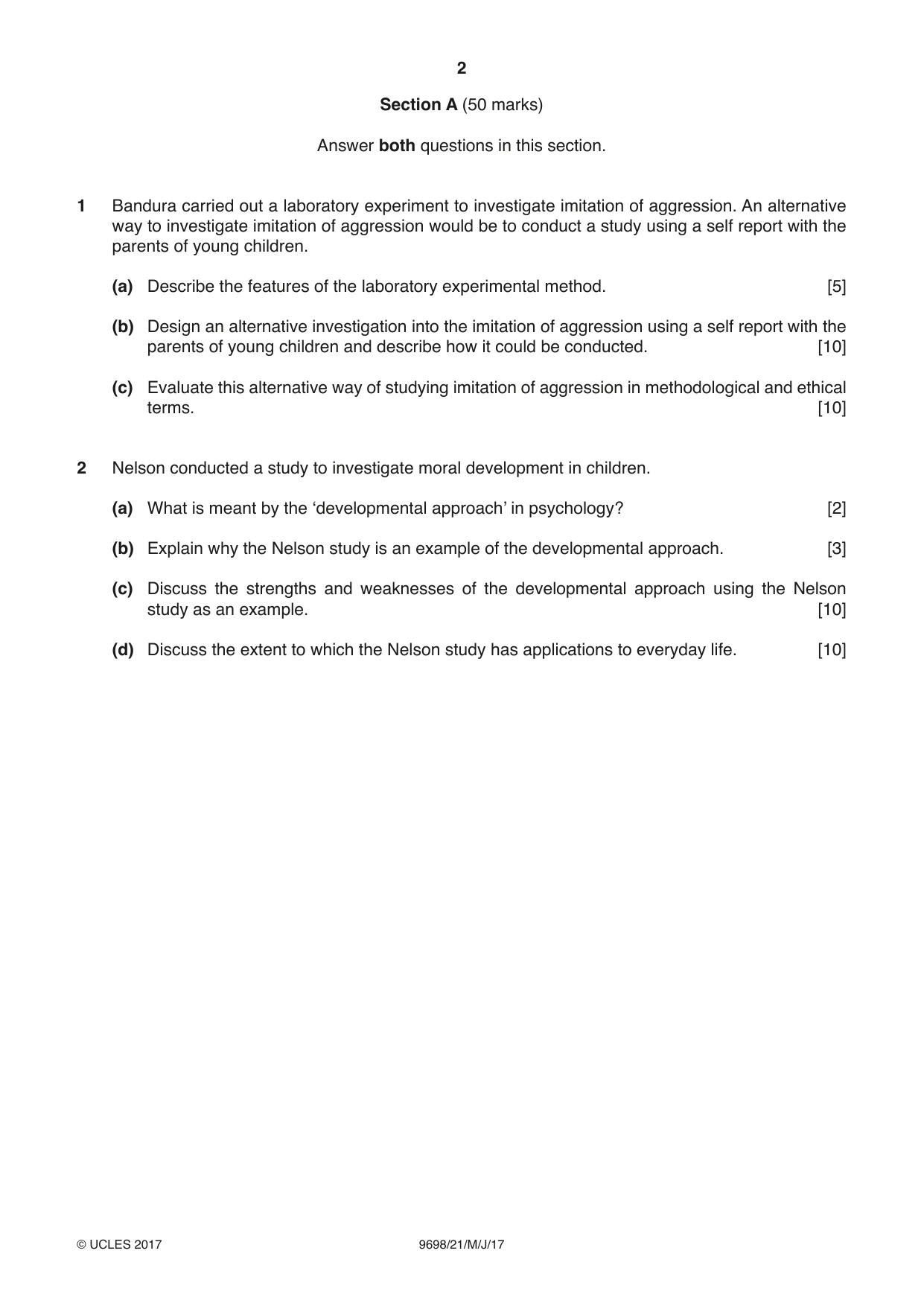 Cambridge A Level Psychology 9698 2017 May/June Paper 2 · Variant 1 question paper, page 2 of 4