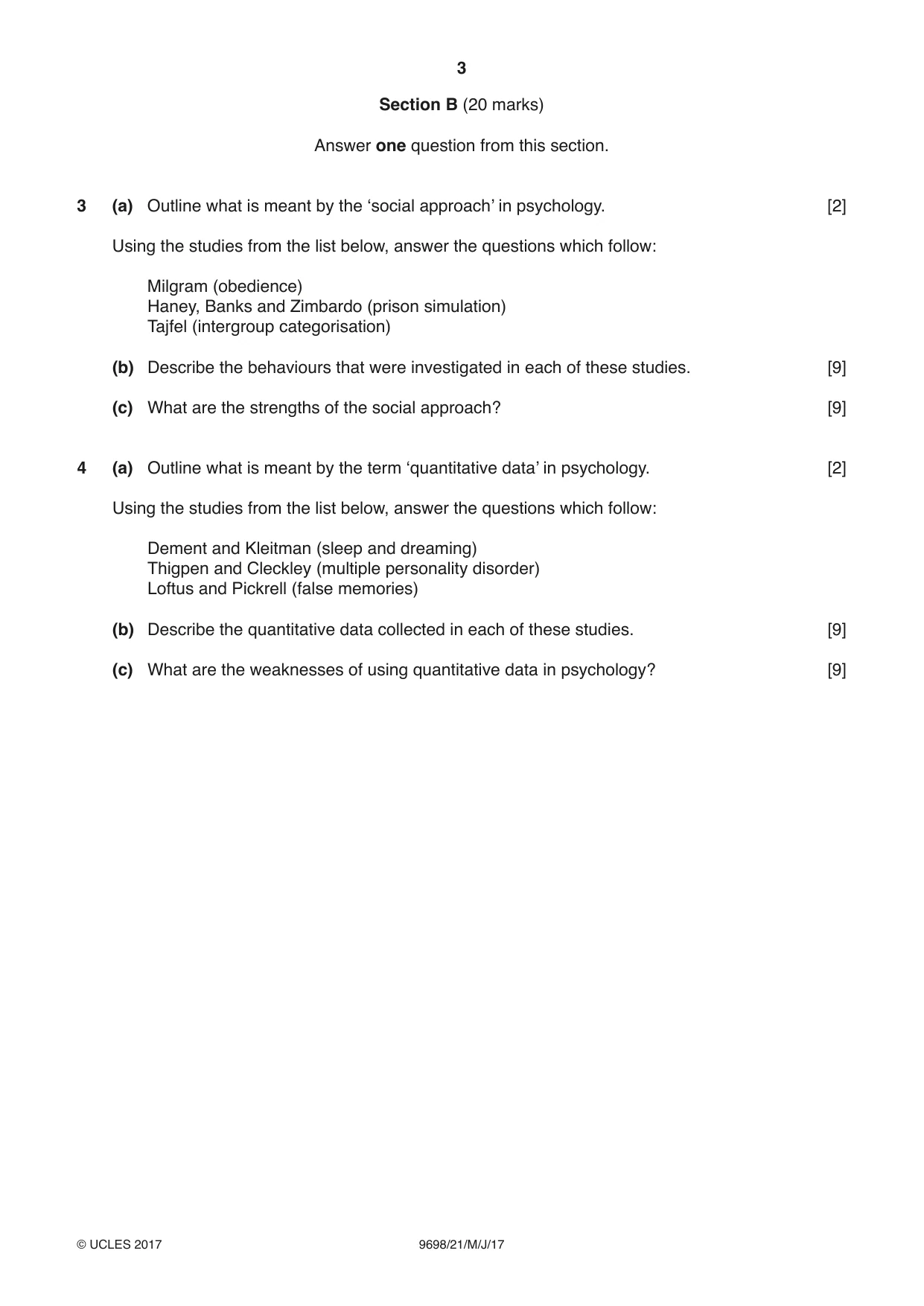 Cambridge A Level Psychology 9698 2017 May/June Paper 2 · Variant 1 question paper, page 3 of 4