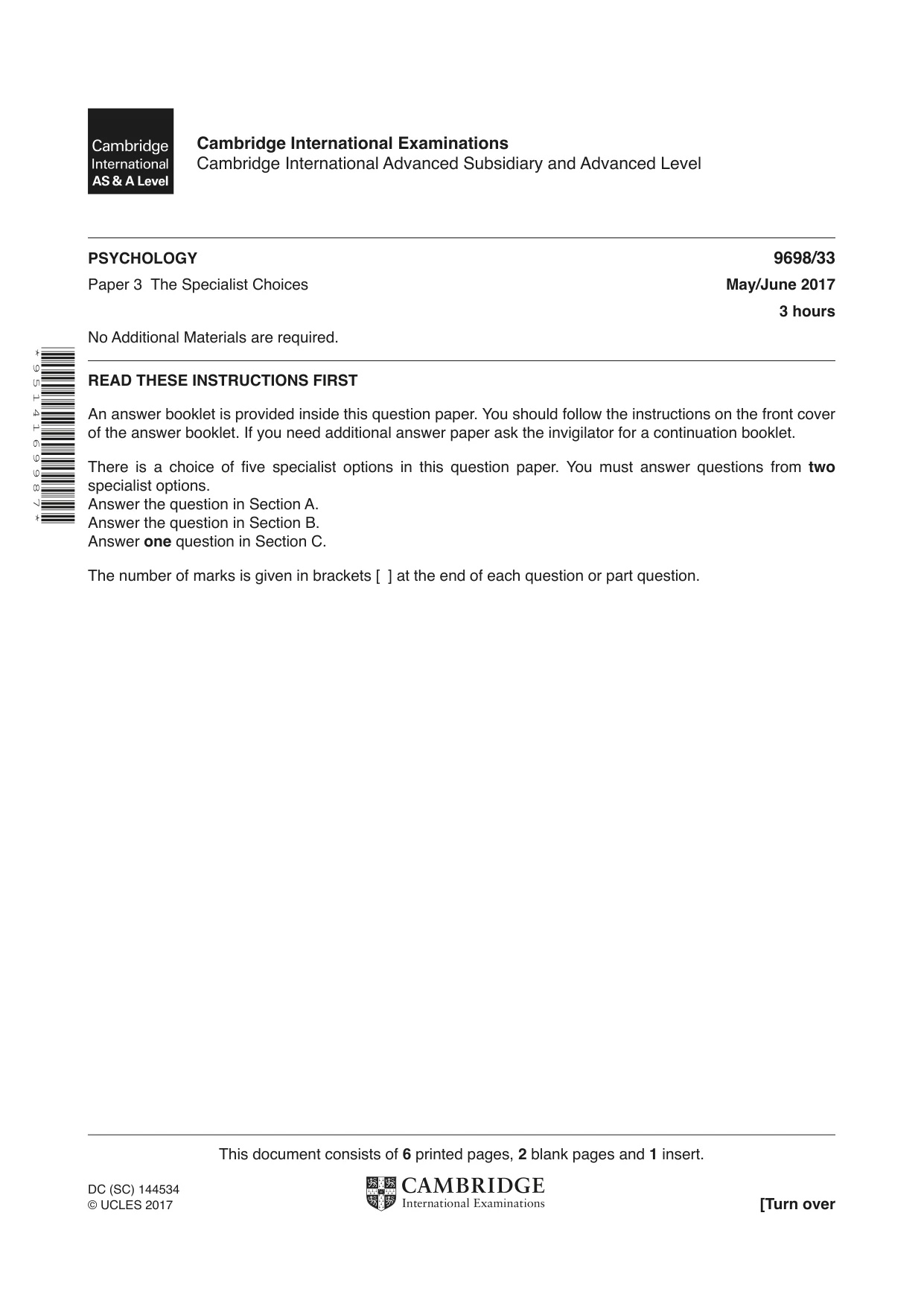 Cambridge A Level Psychology 9698 2017 May/June Paper 3 · Variant 3 question paper, page 1 of 8