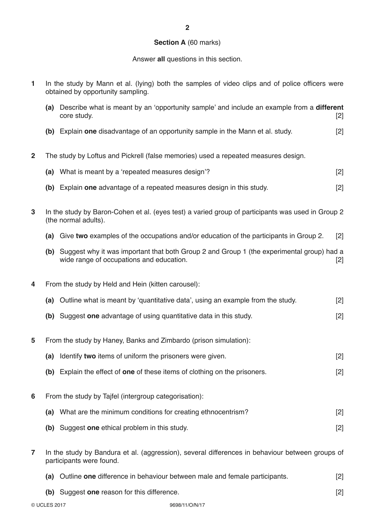Cambridge A Level Psychology 9698 2017 Oct/Nov Paper 1 · Variant 1 question paper, page 2 of 4