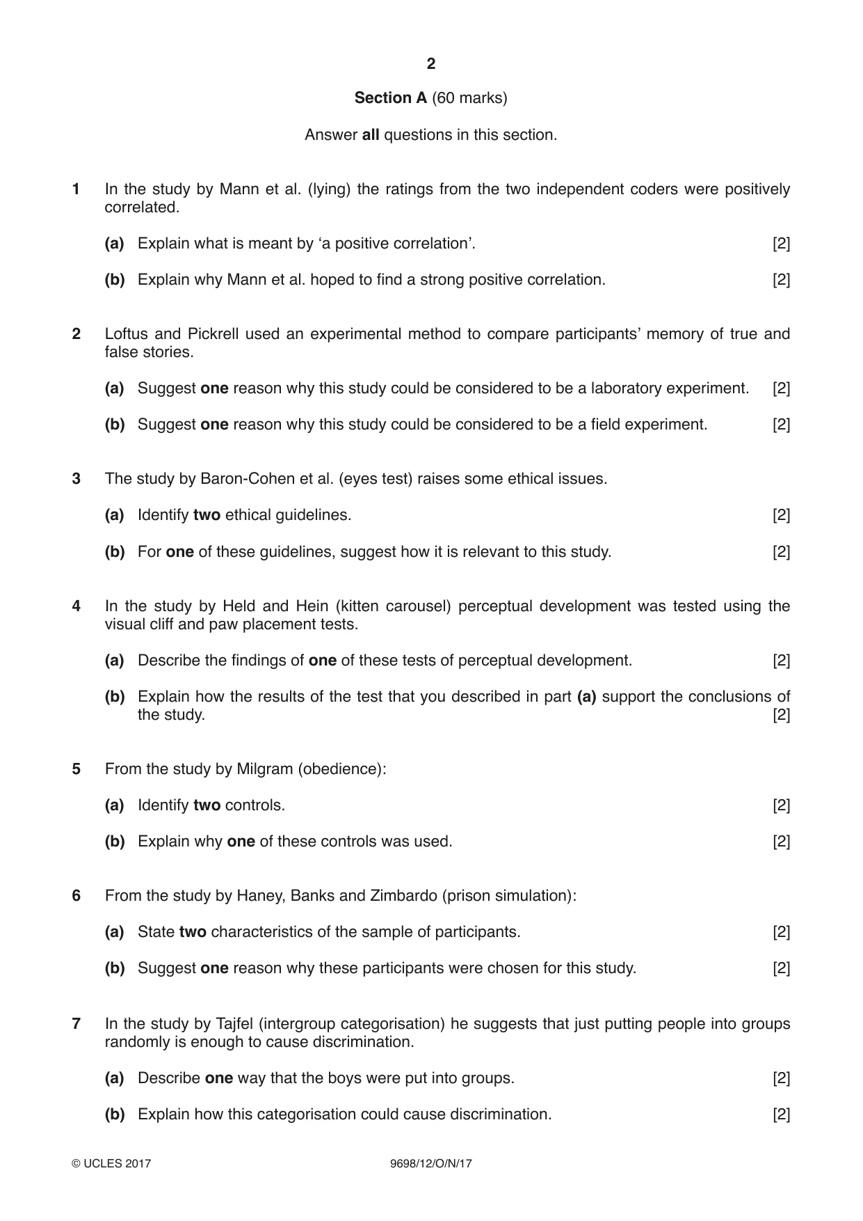 Cambridge A Level Psychology 9698 2017 Oct/Nov Paper 1 · Variant 2 question paper, page 2 of 4