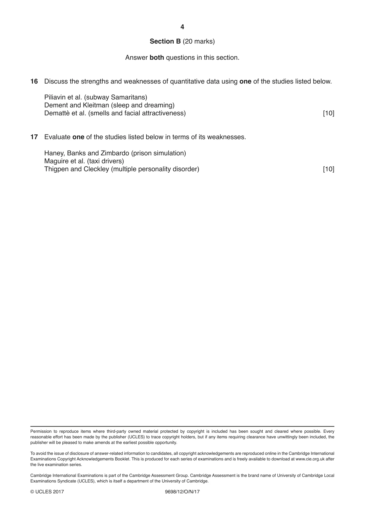 Cambridge A Level Psychology 9698 2017 Oct/Nov Paper 1 · Variant 2 question paper, page 4 of 4