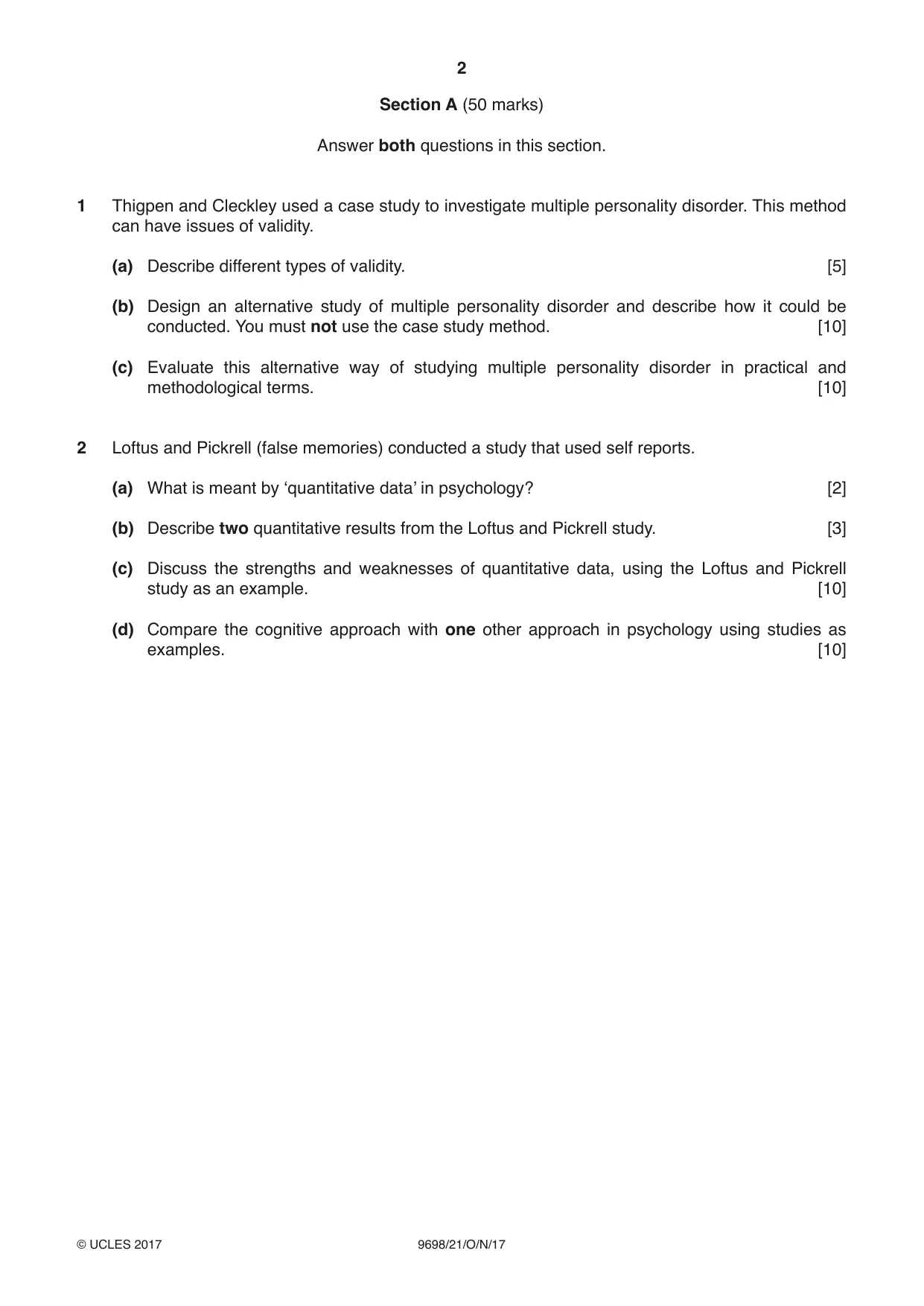 Cambridge A Level Psychology 9698 2017 Oct/Nov Paper 2 · Variant 1 question paper, page 2 of 4