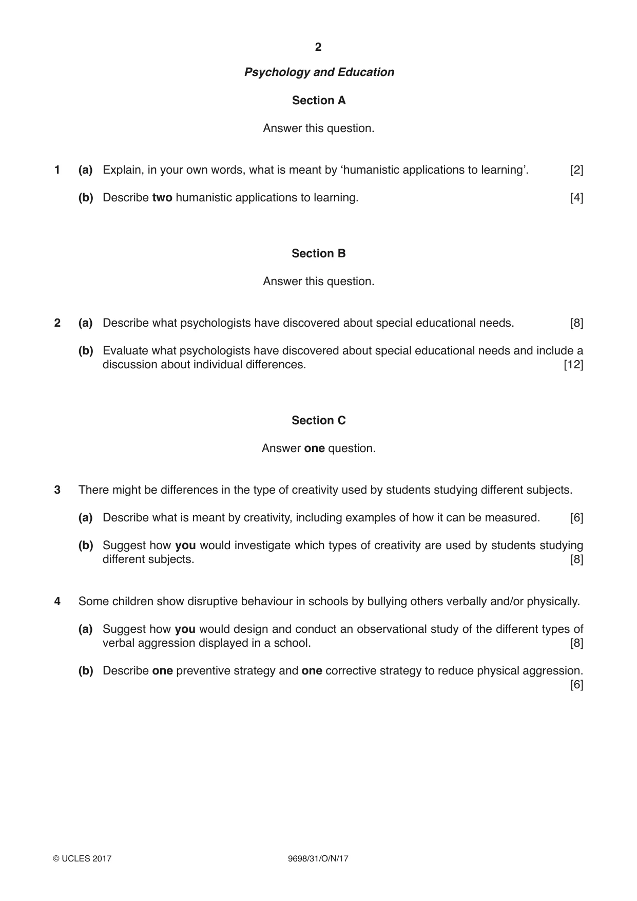 Cambridge A Level Psychology 9698 2017 Oct/Nov Paper 3 · Variant 1 question paper, page 2 of 8