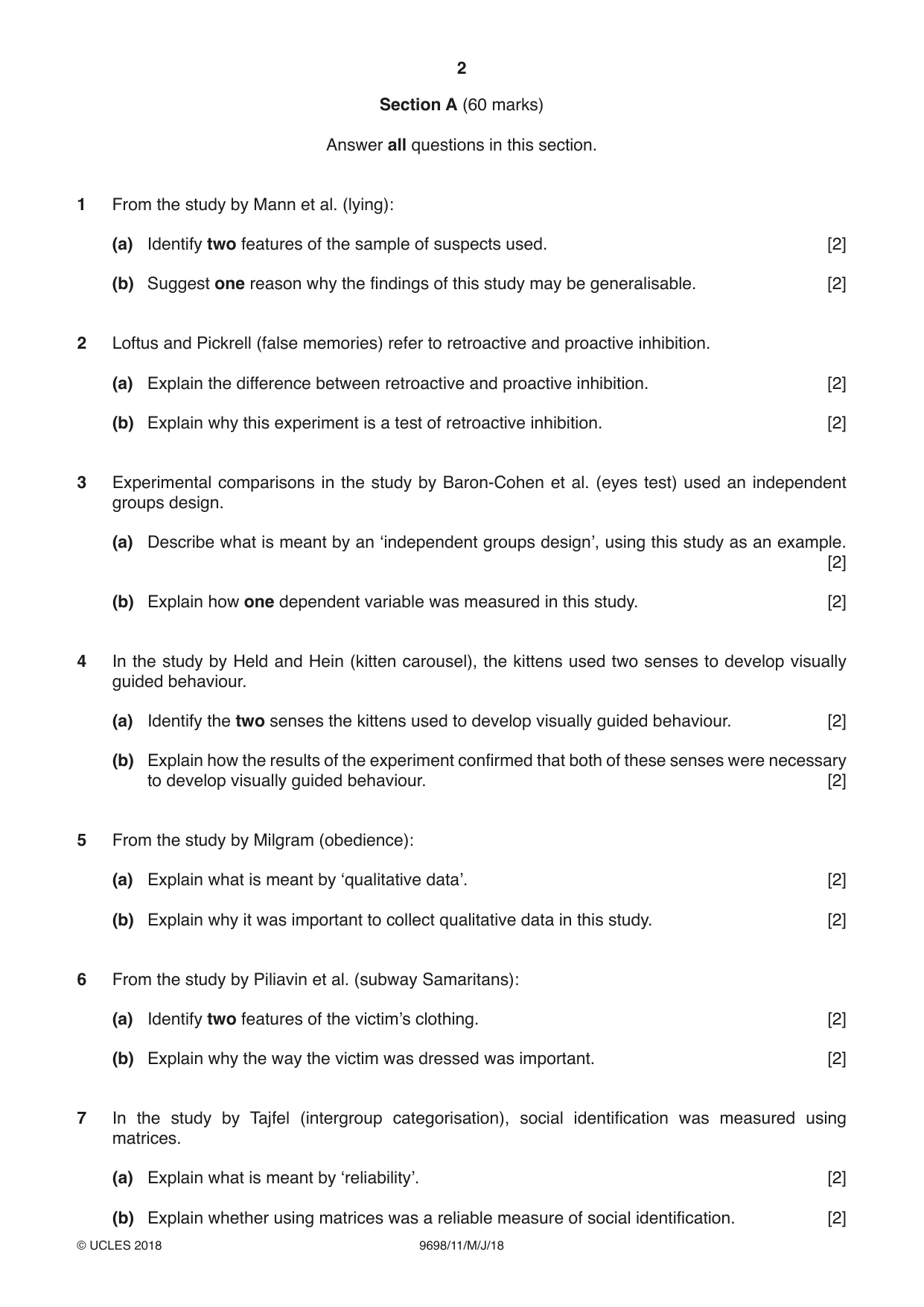 Cambridge A Level Psychology 9698 2018 May/June Paper 1 · Variant 1 question paper, page 2 of 4