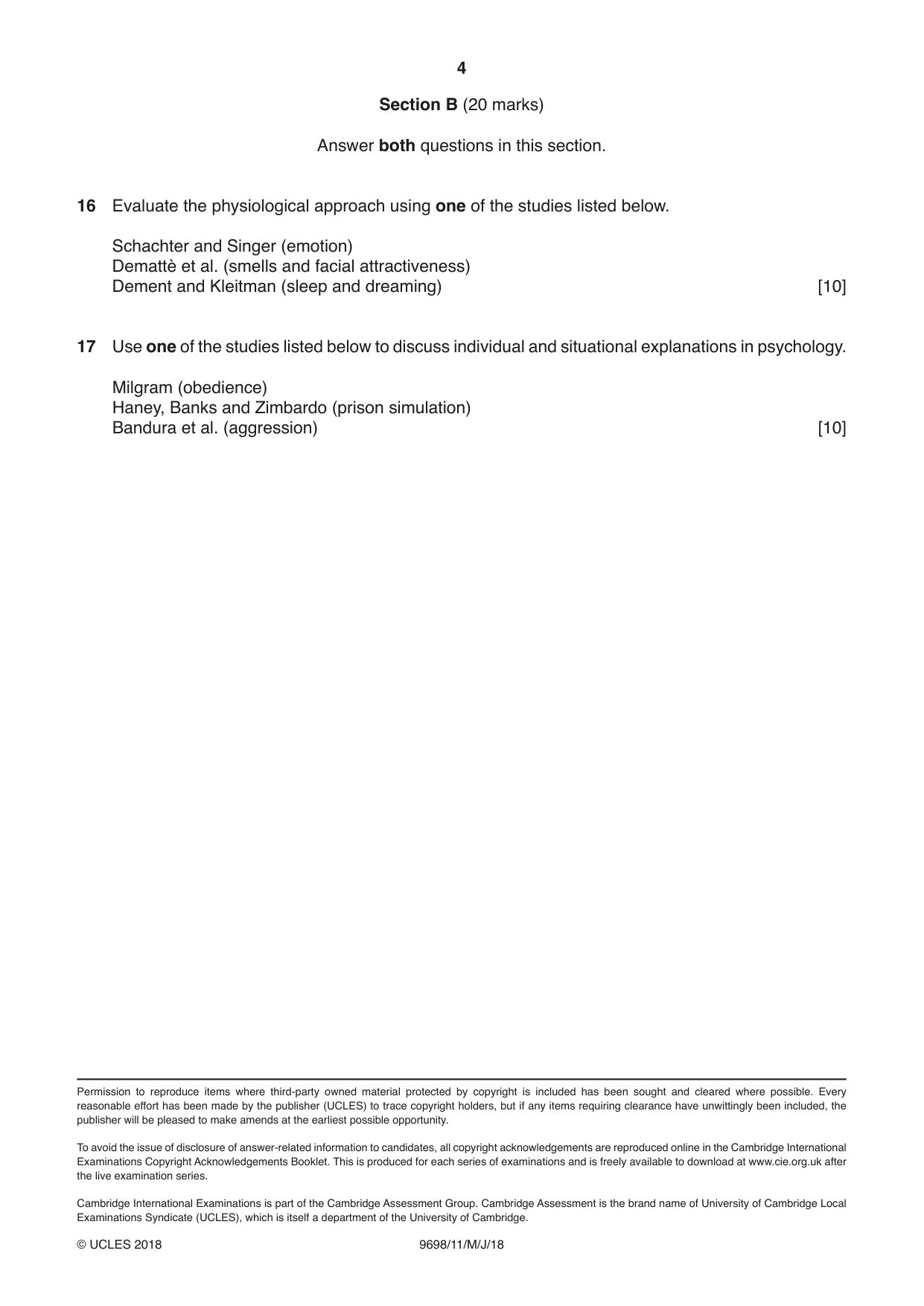 Cambridge A Level Psychology 9698 2018 May/June Paper 1 · Variant 1 question paper, page 4 of 4