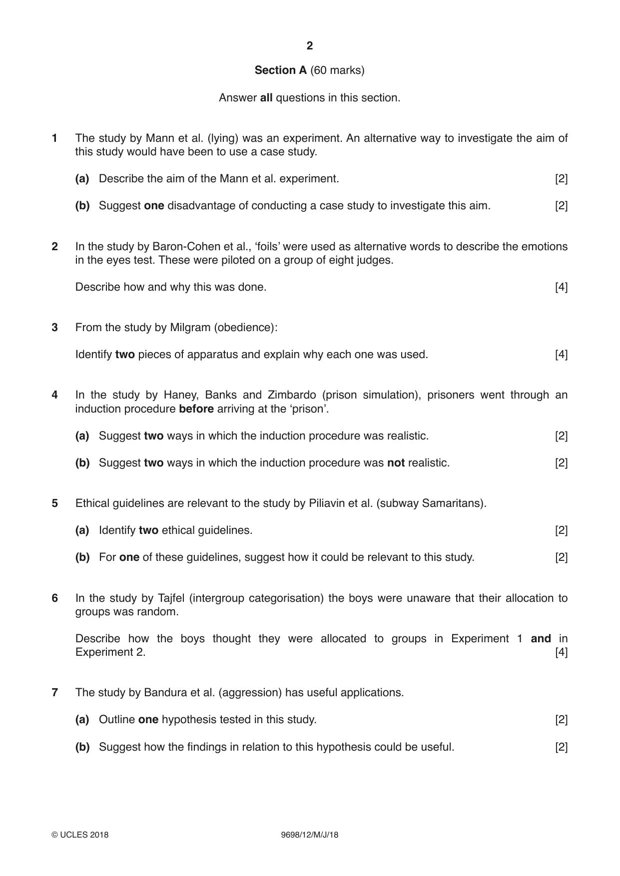 Cambridge A Level Psychology 9698 2018 May/June Paper 1 · Variant 2 question paper, page 2 of 4
