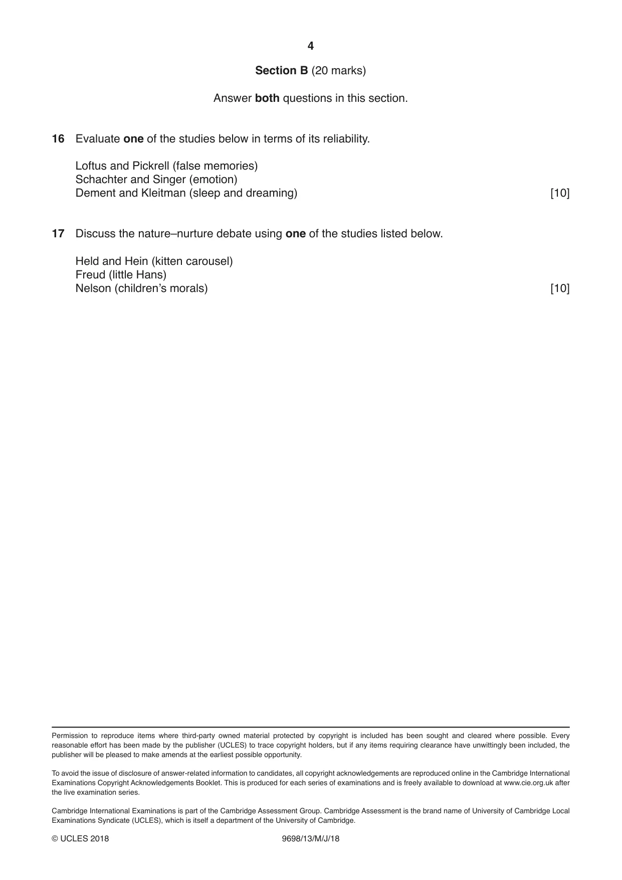 Cambridge A Level Psychology 9698 2018 May/June Paper 1 · Variant 3 question paper, page 4 of 4