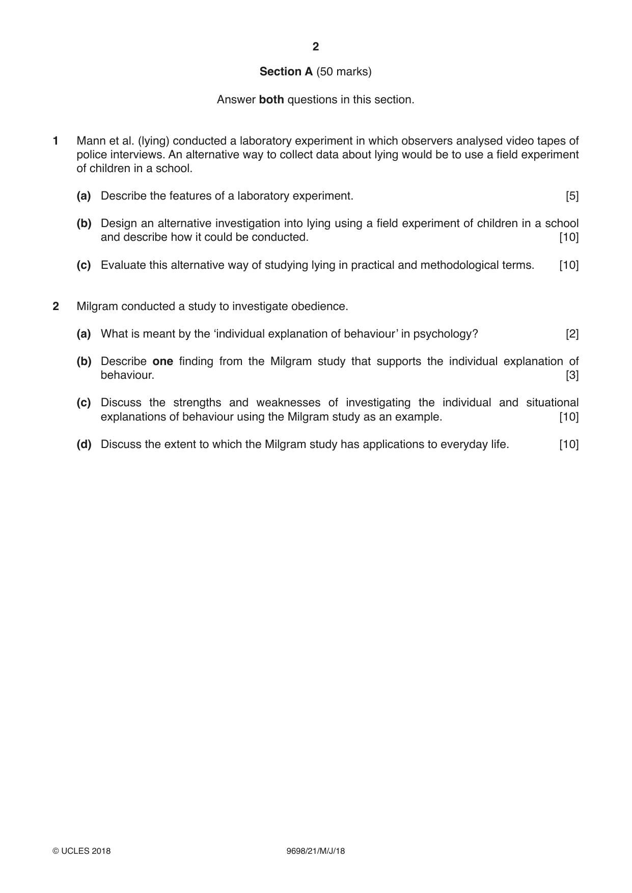 Cambridge A Level Psychology 9698 2018 May/June Paper 2 · Variant 1 question paper, page 2 of 4