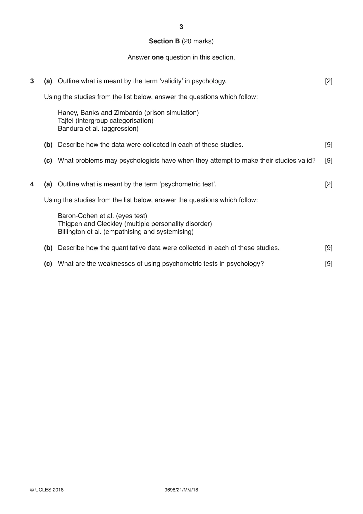 Cambridge A Level Psychology 9698 2018 May/June Paper 2 · Variant 1 question paper, page 3 of 4