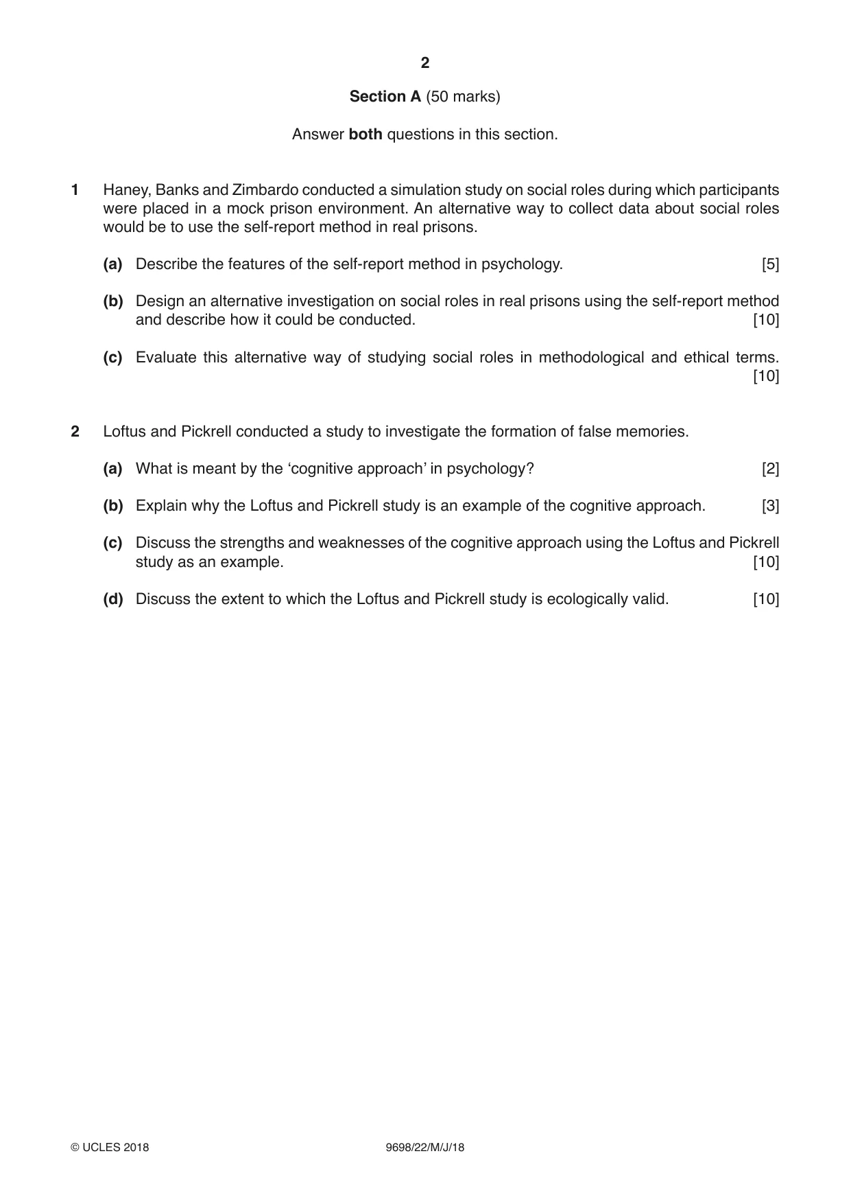 Cambridge A Level Psychology 9698 2018 May/June Paper 2 · Variant 2 question paper, page 2 of 4