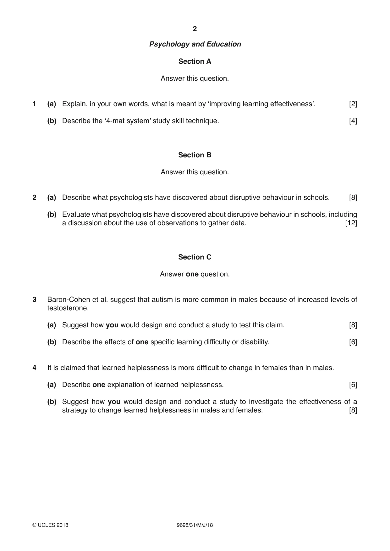 Cambridge A Level Psychology 9698 2018 May/June Paper 3 · Variant 1 question paper, page 2 of 8
