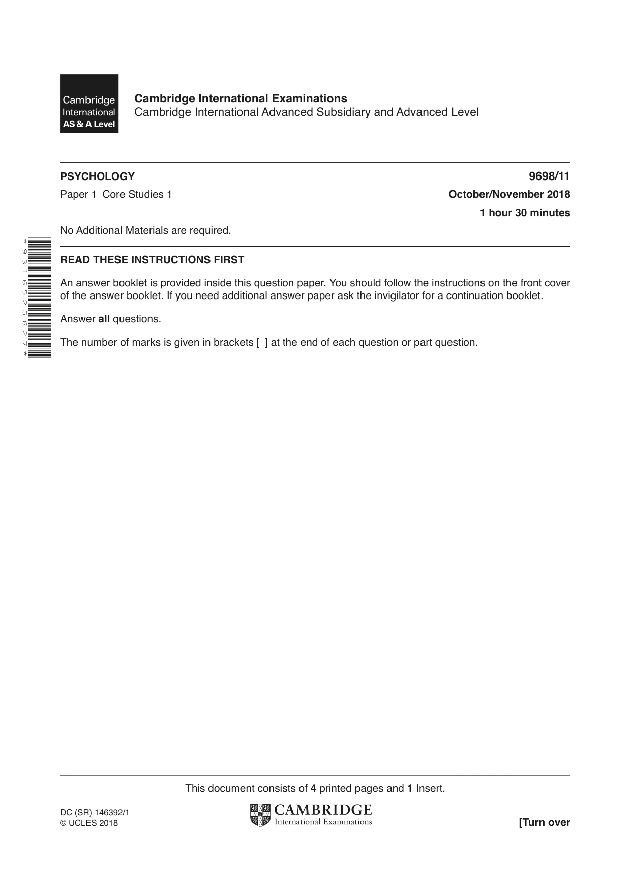 Cambridge A Level Psychology 9698 2018 Oct/Nov Paper 1 · Variant 1 question paper, page 1 of 4