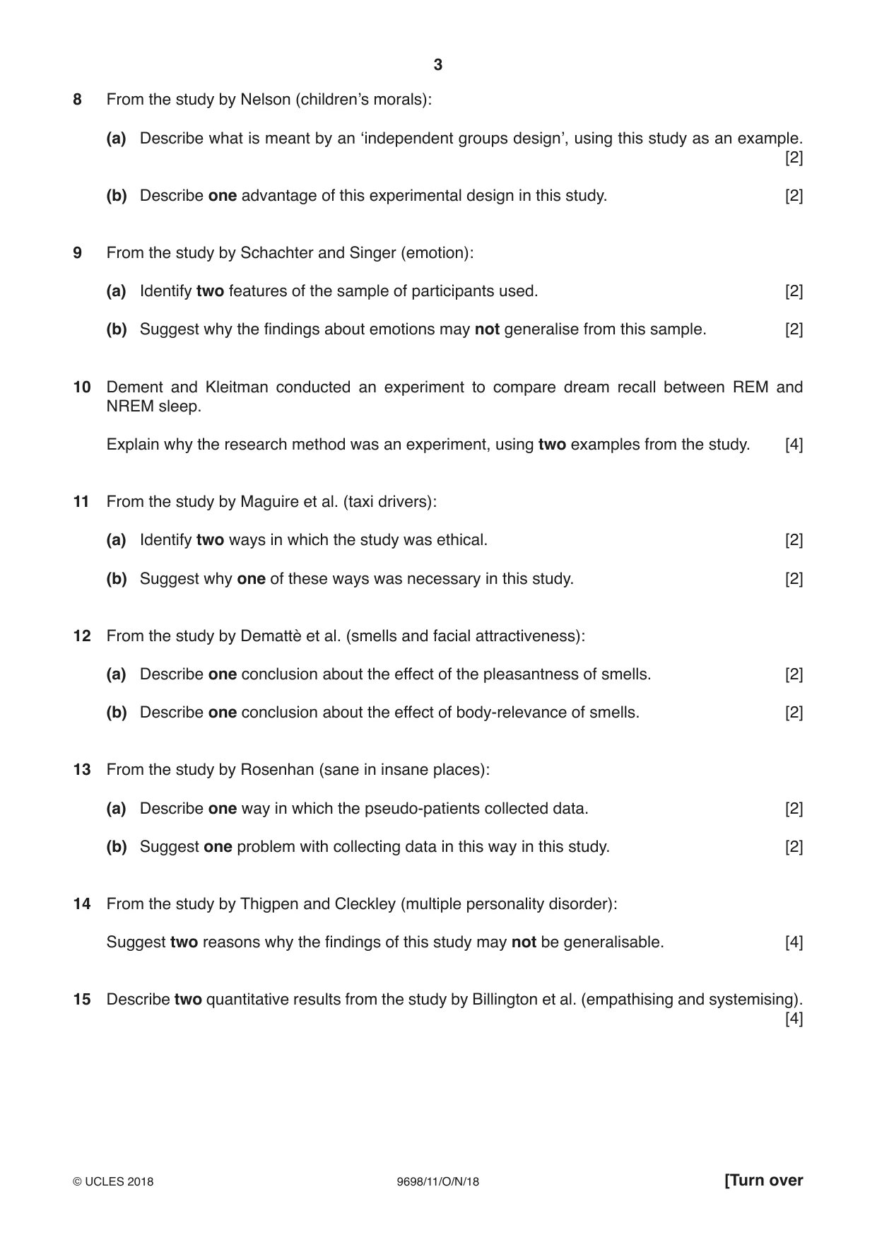 Cambridge A Level Psychology 9698 2018 Oct/Nov Paper 1 · Variant 1 question paper, page 3 of 4