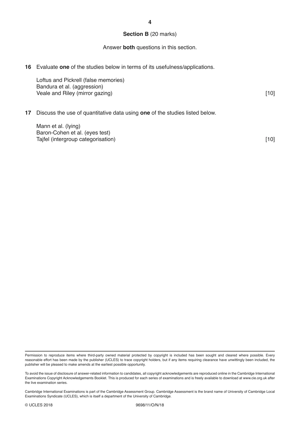 Cambridge A Level Psychology 9698 2018 Oct/Nov Paper 1 · Variant 1 question paper, page 4 of 4