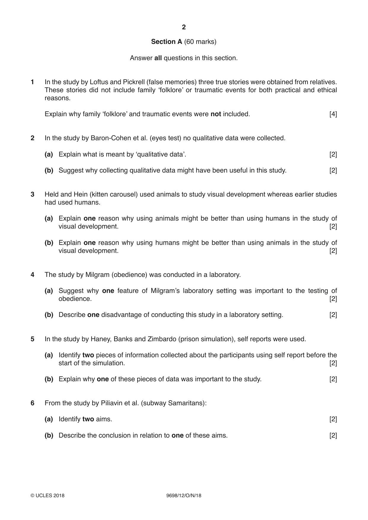 Cambridge A Level Psychology 9698 2018 Oct/Nov Paper 1 · Variant 2 question paper, page 2 of 4