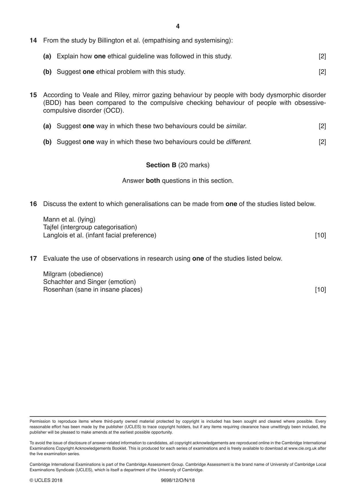 Cambridge A Level Psychology 9698 2018 Oct/Nov Paper 1 · Variant 2 question paper, page 4 of 4
