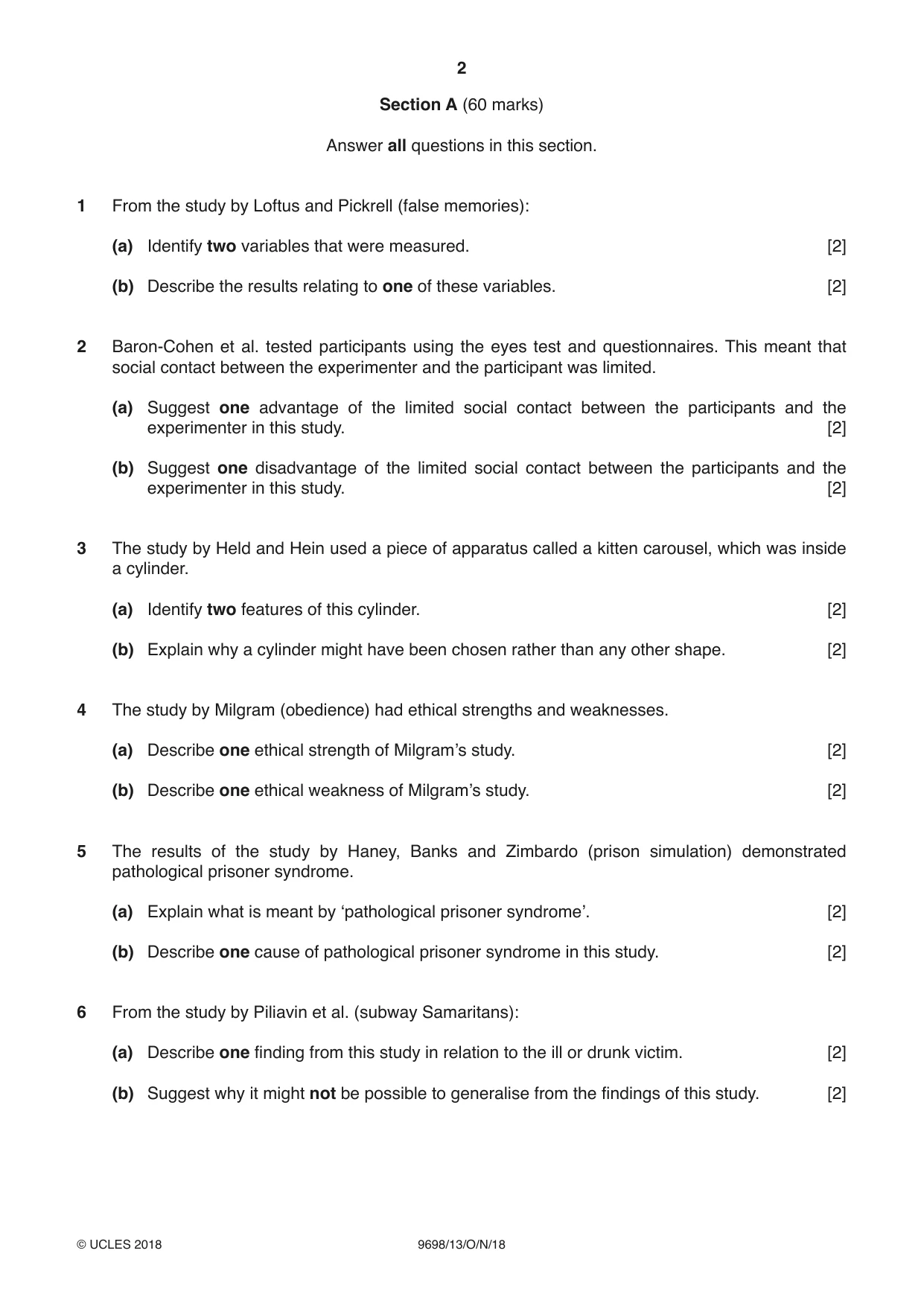 Cambridge A Level Psychology 9698 2018 Oct/Nov Paper 1 · Variant 3 question paper, page 2 of 4