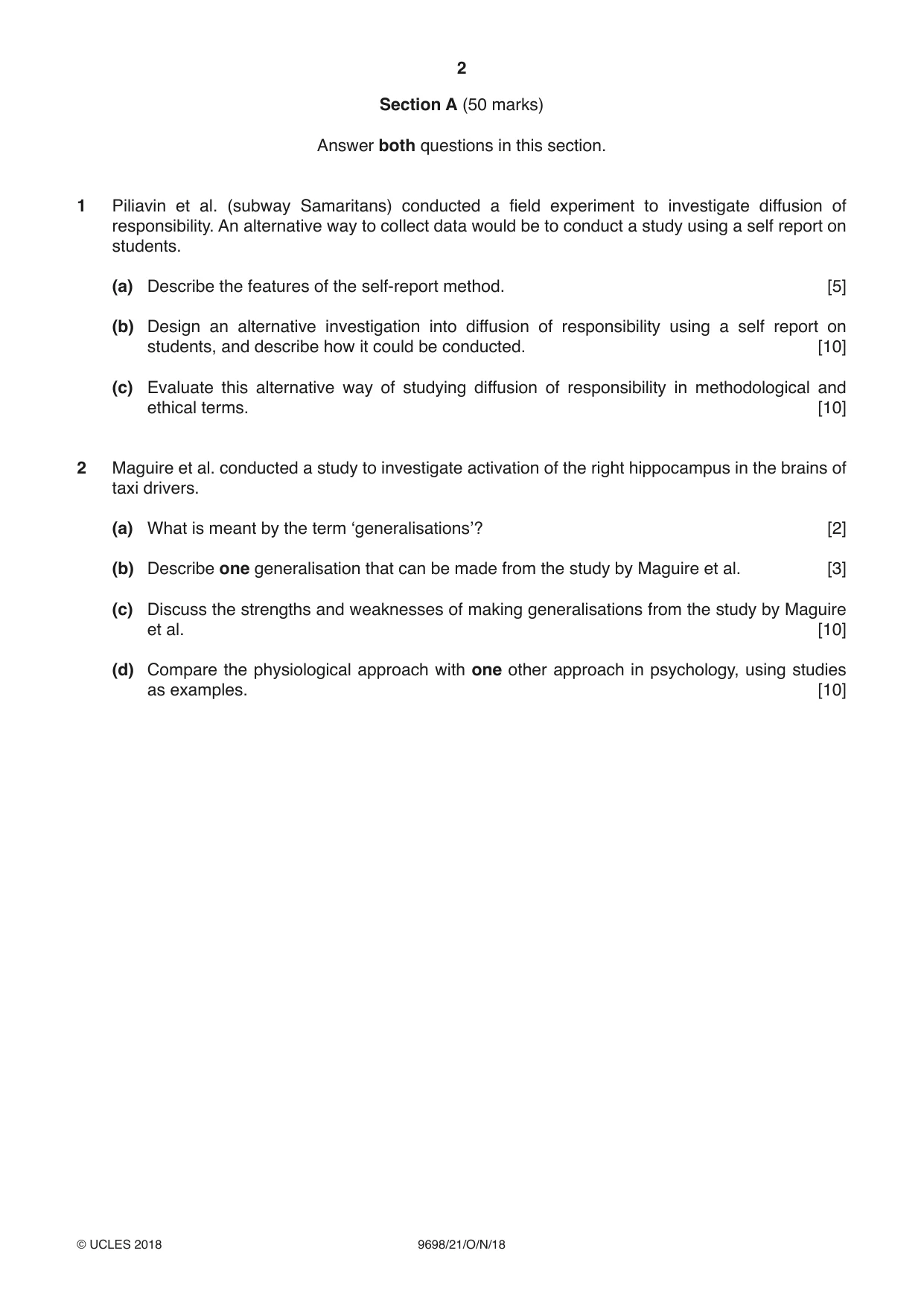 Cambridge A Level Psychology 9698 2018 Oct/Nov Paper 2 · Variant 1 question paper, page 2 of 4