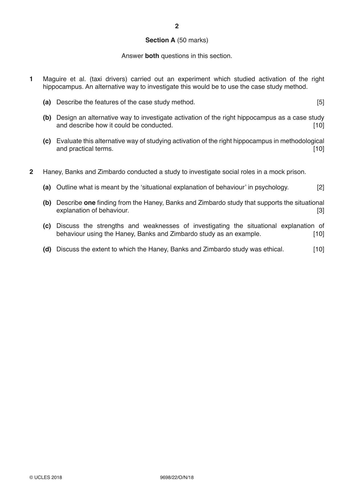 Cambridge A Level Psychology 9698 2018 Oct/Nov Paper 2 · Variant 2 question paper, page 2 of 4