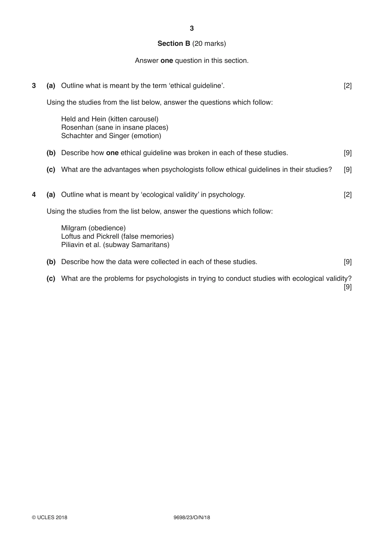 Cambridge A Level Psychology 9698 2018 Oct/Nov Paper 2 · Variant 3 question paper, page 3 of 4