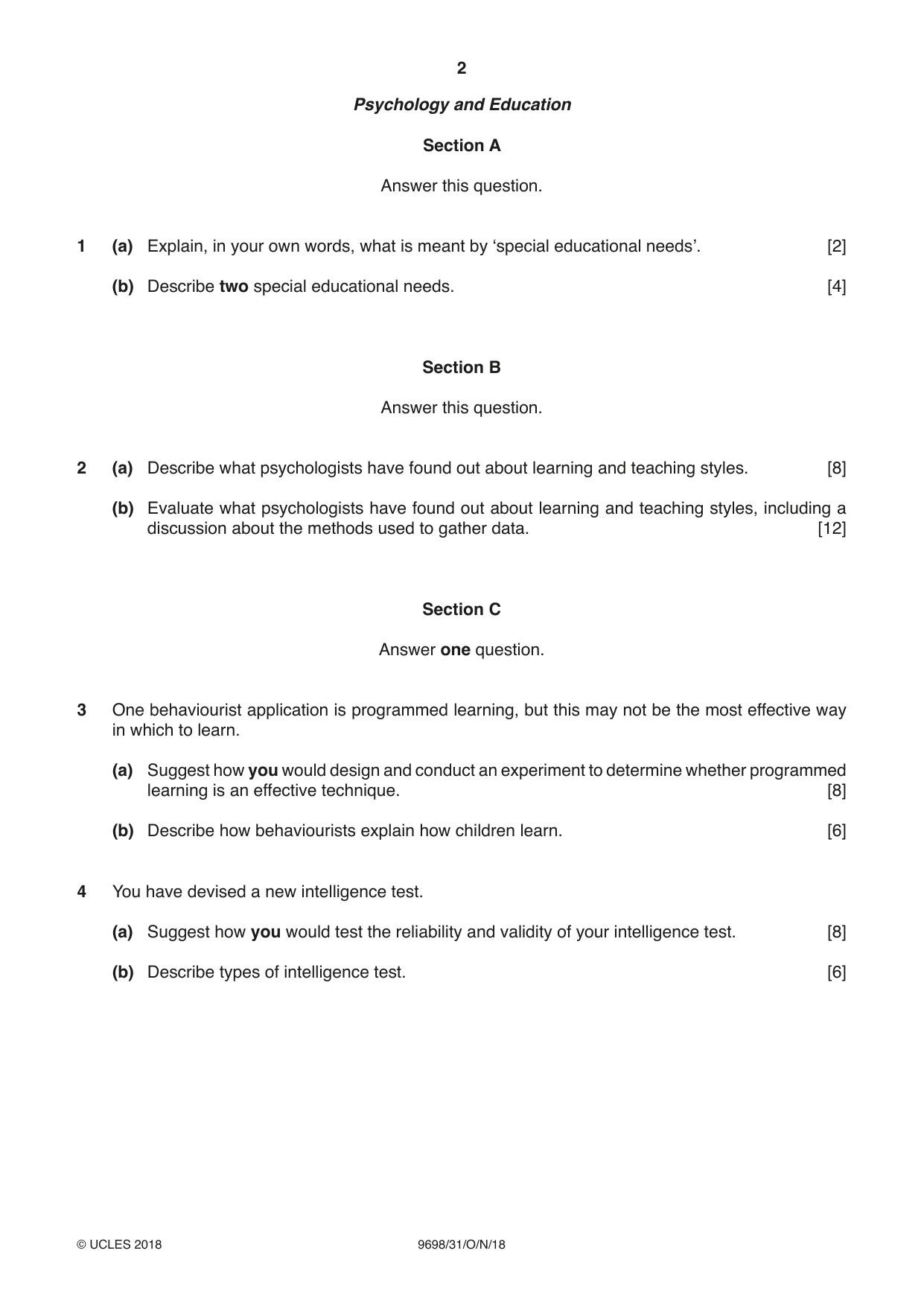 Cambridge A Level Psychology 9698 2018 Oct/Nov Paper 3 · Variant 1 question paper, page 2 of 8