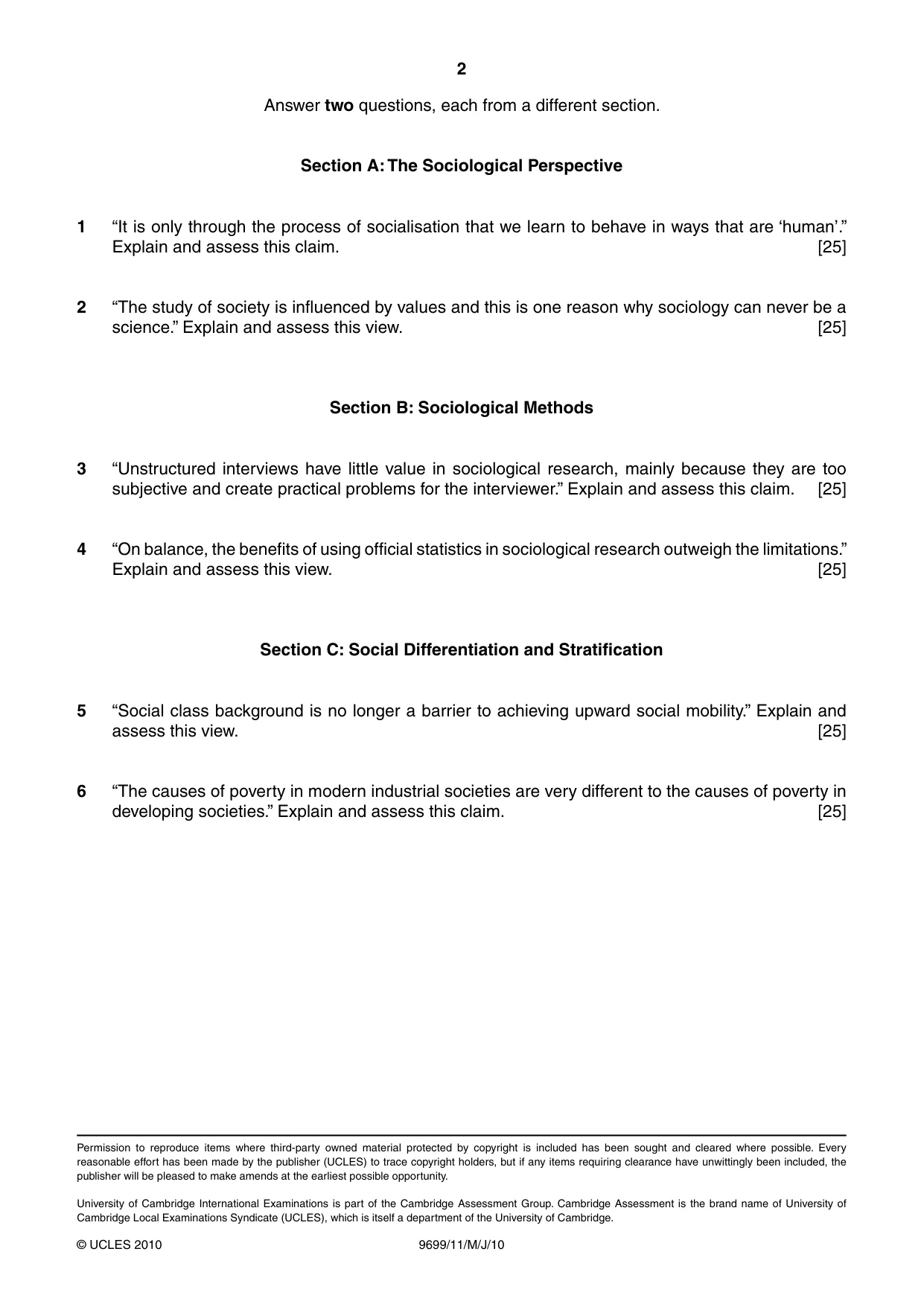 Cambridge A Level Sociology 9699 2010 May/June Paper 1 · Variant 1 question paper, page 2 of 2