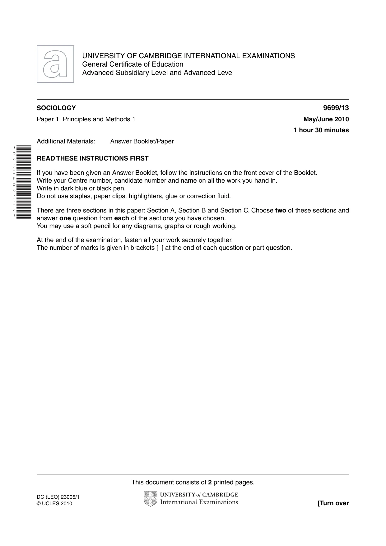 Cambridge A Level Sociology 9699 2010 May/June Paper 1 · Variant 3 question paper, page 1 of 2