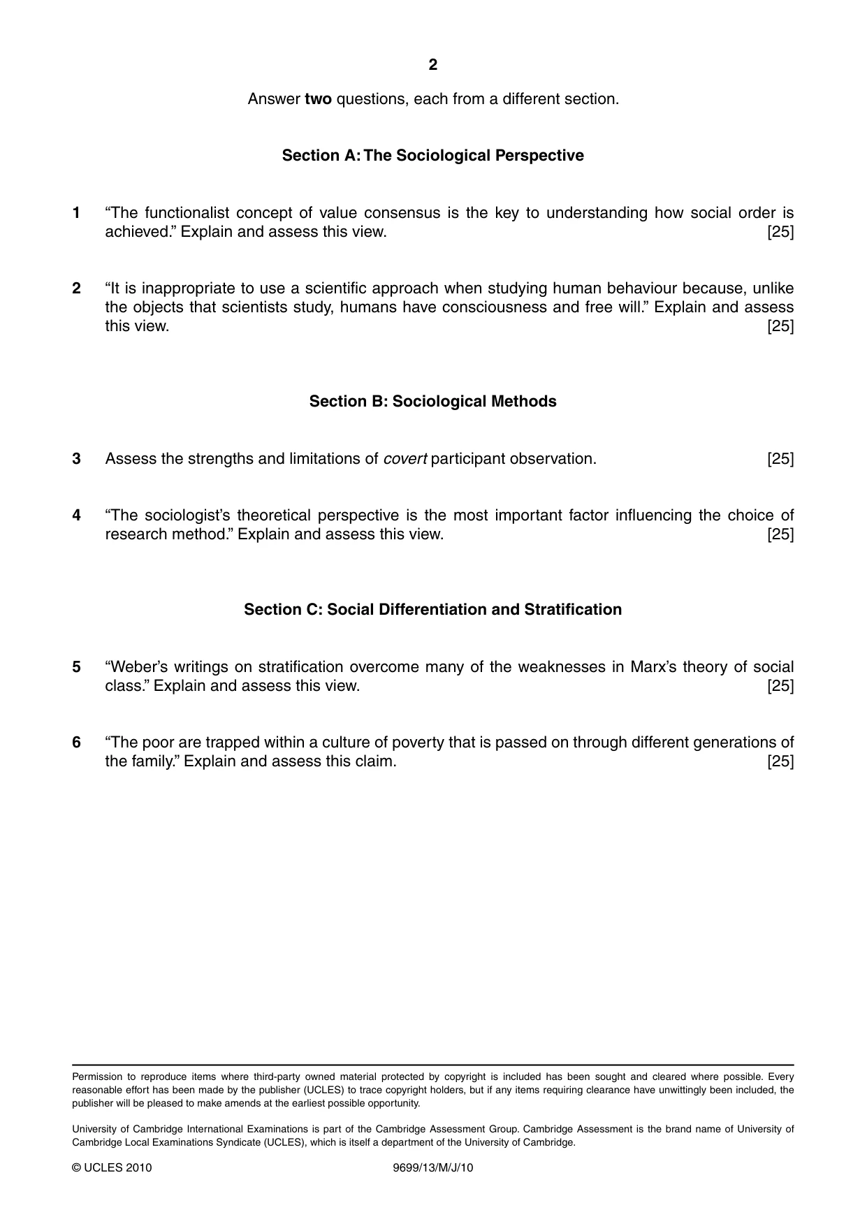 Cambridge A Level Sociology 9699 2010 May/June Paper 1 · Variant 3 question paper, page 2 of 2