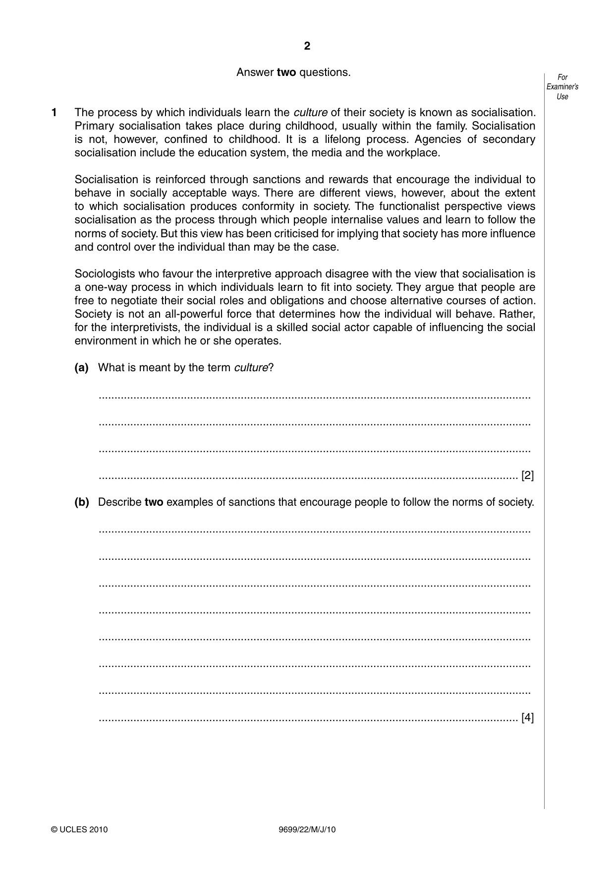 Cambridge A Level Sociology 9699 2010 May/June Paper 2 · Variant 2 question paper, page 2 of 12