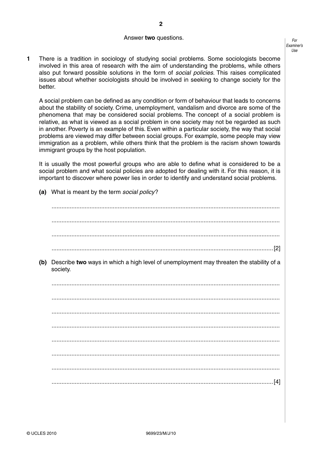 Cambridge A Level Sociology 9699 2010 May/June Paper 2 · Variant 3 question paper, page 2 of 12