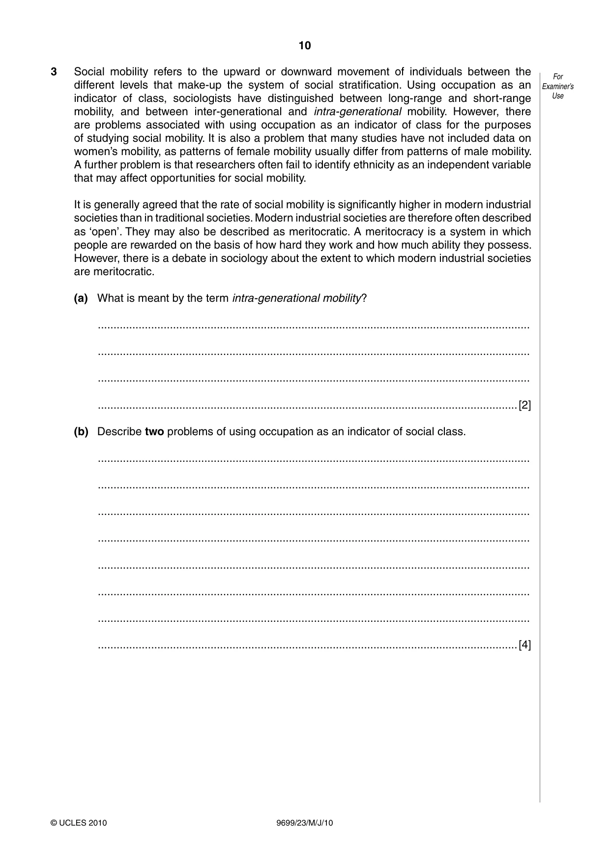 Cambridge A Level Sociology 9699 2010 May/June Paper 2 · Variant 3 question paper, page 10 of 12