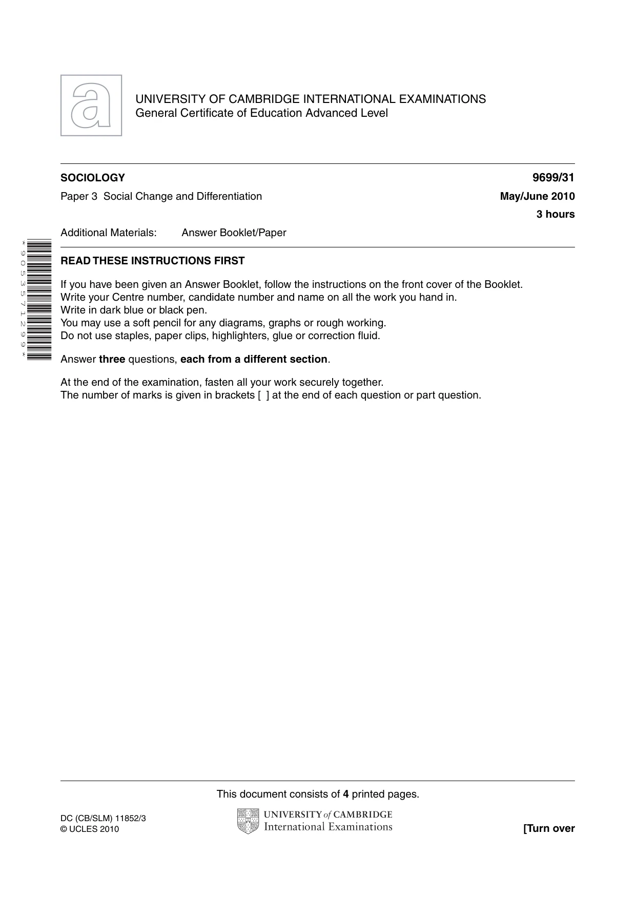 Cambridge A Level Sociology 9699 2010 May/June Paper 3 · Variant 1 question paper, page 1 of 4