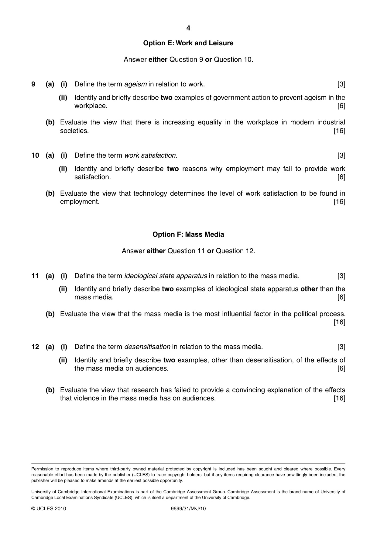 Cambridge A Level Sociology 9699 2010 May/June Paper 3 · Variant 1 question paper, page 4 of 4