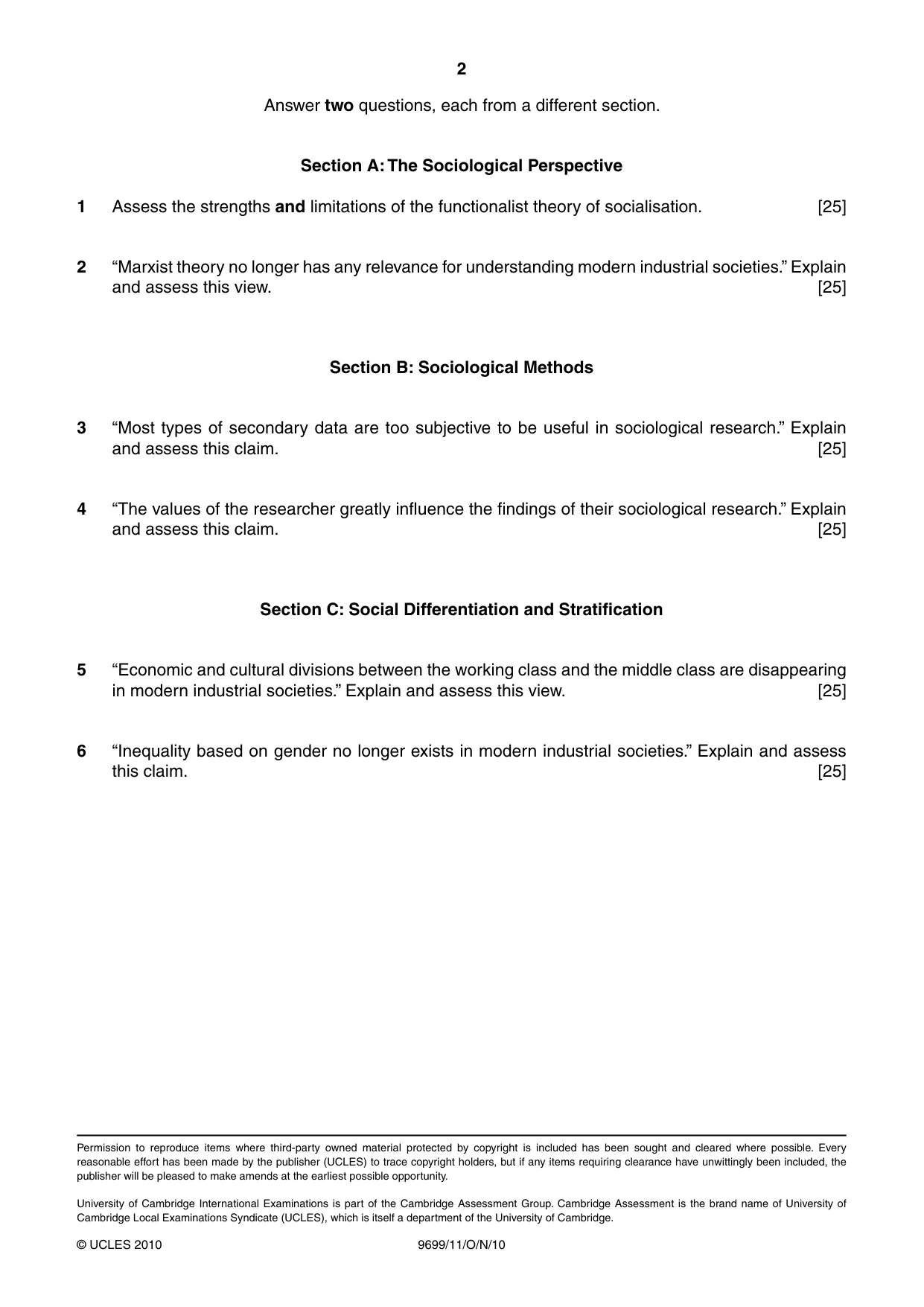 Cambridge A Level Sociology 9699 2010 Oct/Nov Paper 1 · Variant 1 question paper, page 2 of 2