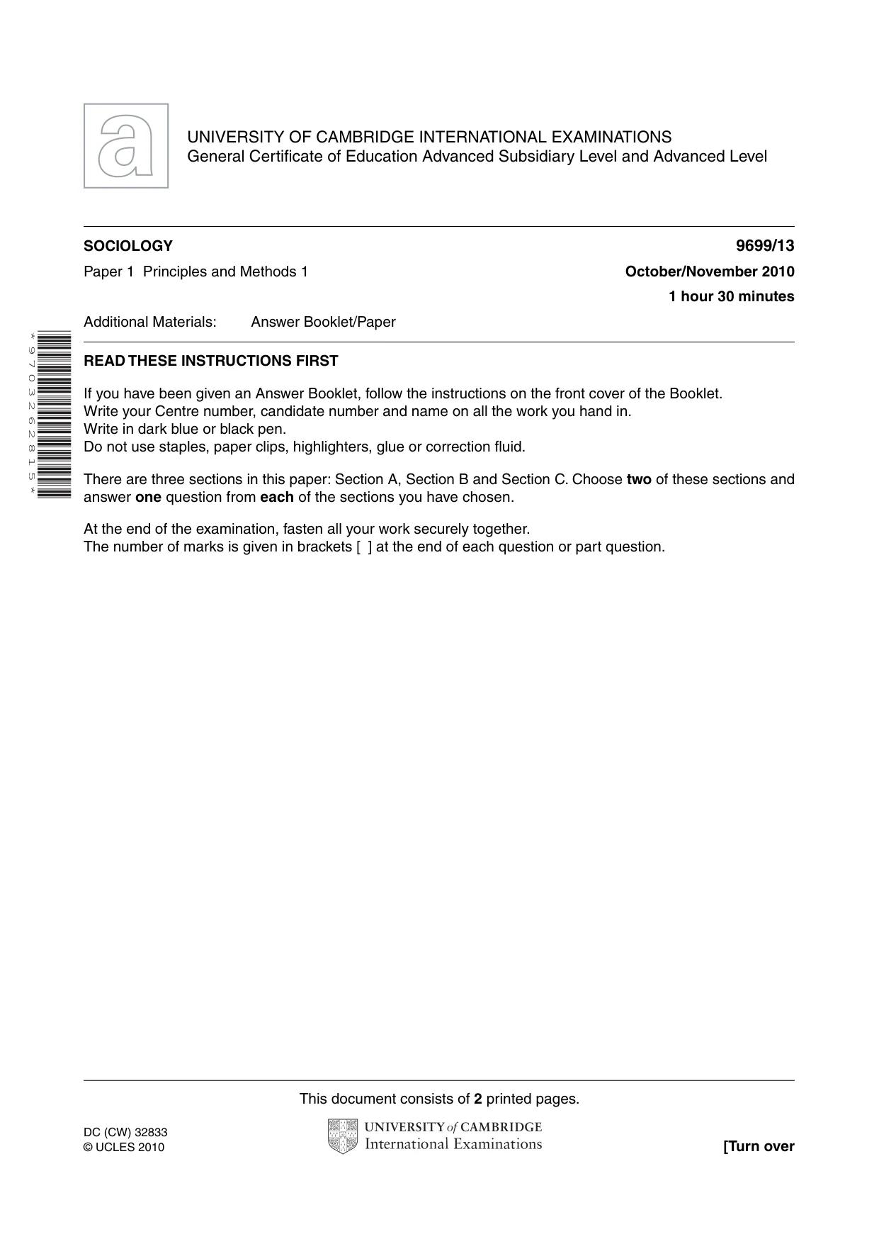 Cambridge A Level Sociology 9699 2010 Oct/Nov Paper 1 · Variant 3 question paper, page 1 of 2
