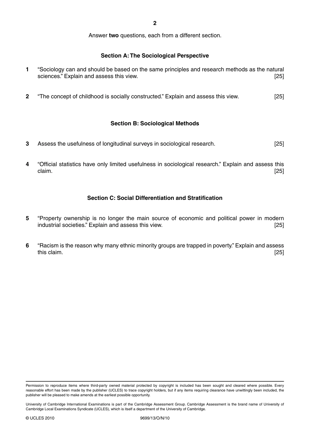 Cambridge A Level Sociology 9699 2010 Oct/Nov Paper 1 · Variant 3 question paper, page 2 of 2
