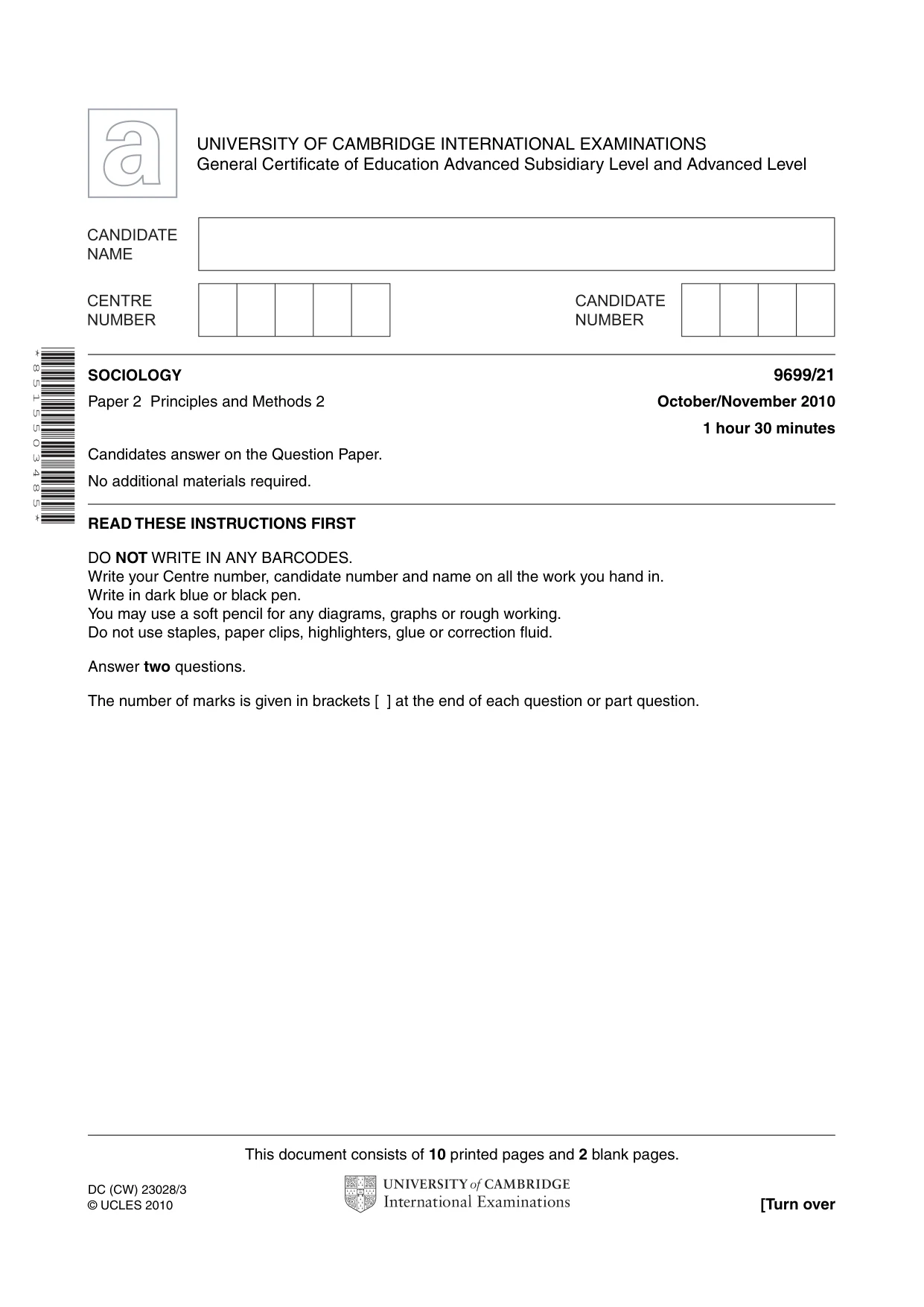 Cambridge A Level Sociology 9699 2010 Oct/Nov Paper 2 · Variant 1 question paper, page 1 of 12