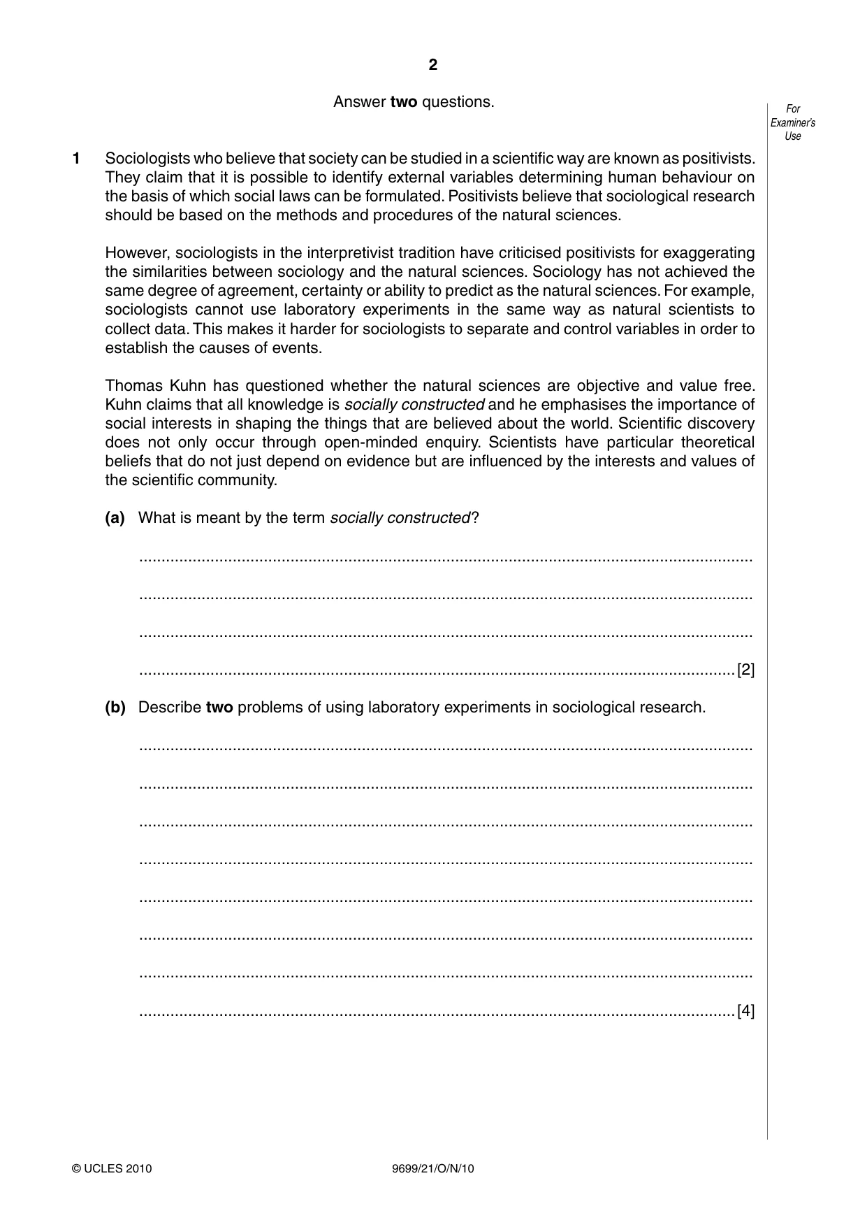 Cambridge A Level Sociology 9699 2010 Oct/Nov Paper 2 · Variant 1 question paper, page 2 of 12