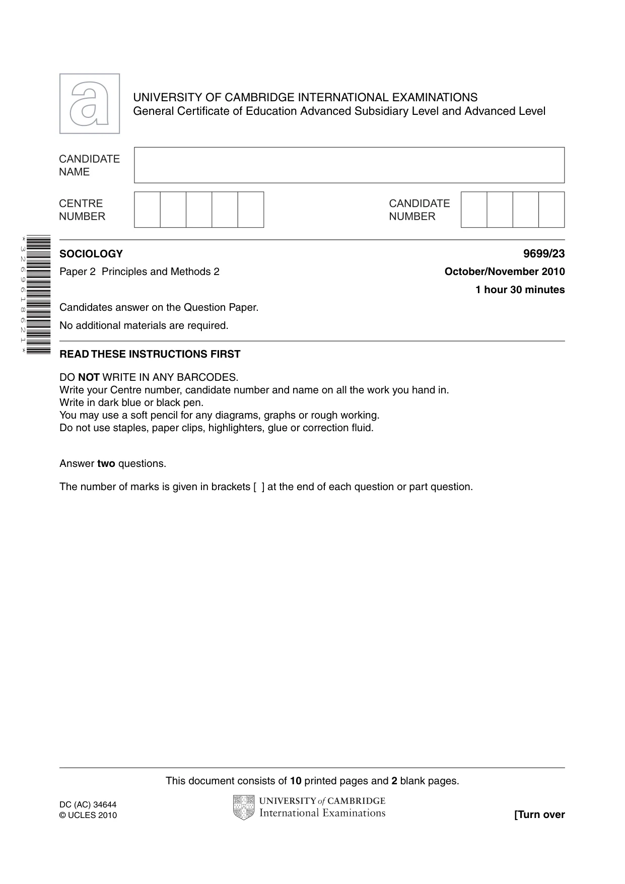 Cambridge A Level Sociology 9699 2010 Oct/Nov Paper 2 · Variant 3 question paper, page 1 of 12