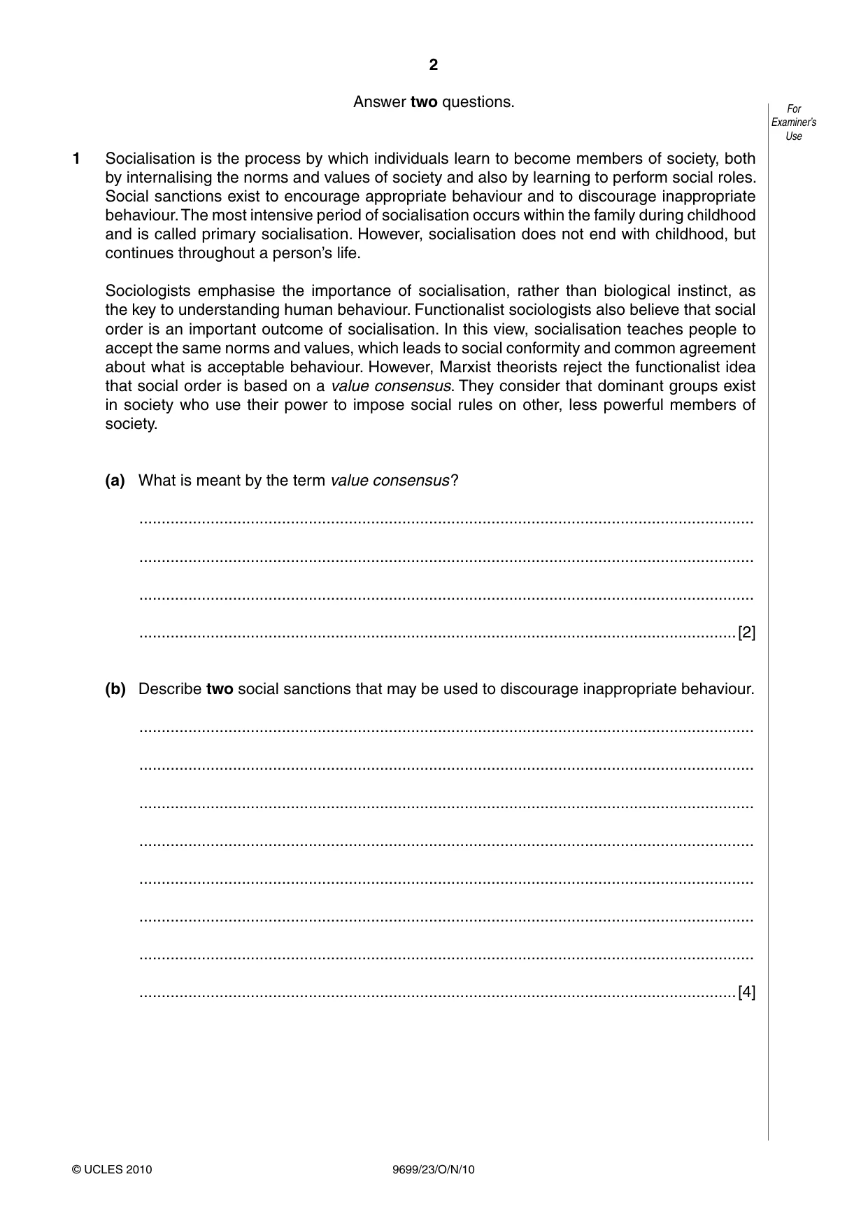 Cambridge A Level Sociology 9699 2010 Oct/Nov Paper 2 · Variant 3 question paper, page 2 of 12