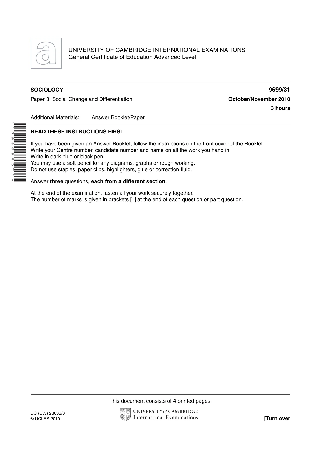 Cambridge A Level Sociology 9699 2010 Oct/Nov Paper 3 · Variant 1 question paper, page 1 of 4