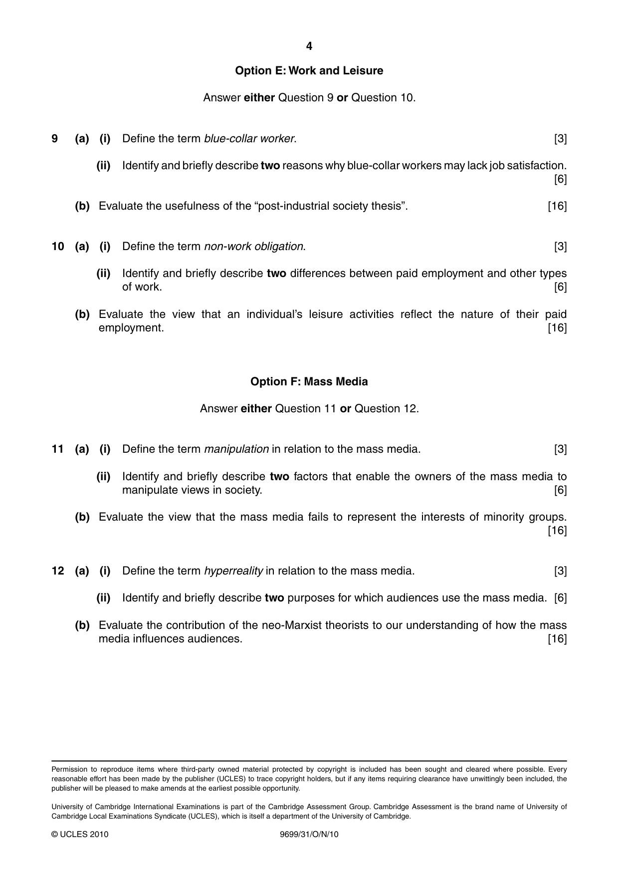Cambridge A Level Sociology 9699 2010 Oct/Nov Paper 3 · Variant 1 question paper, page 4 of 4