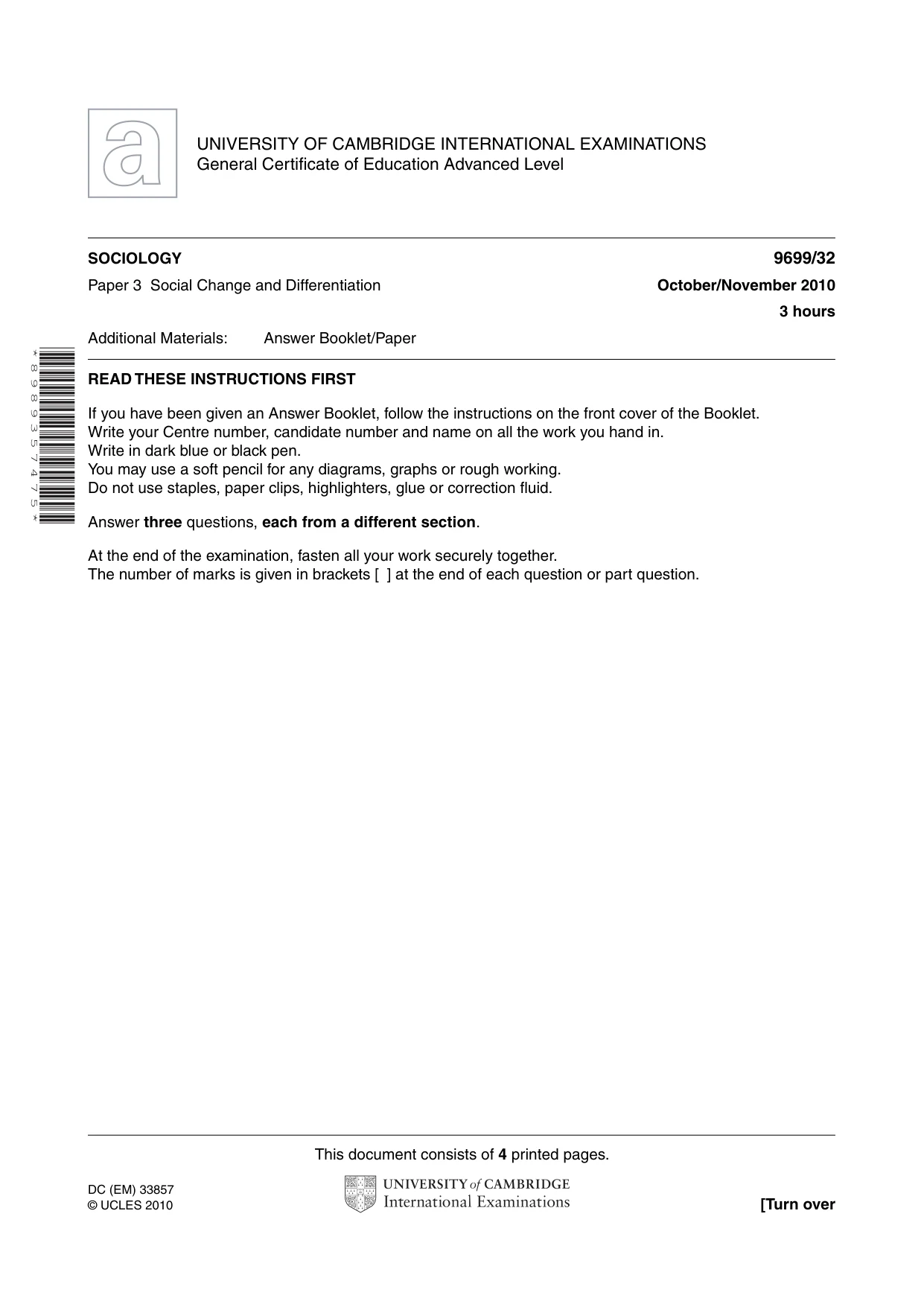 Cambridge A Level Sociology 9699 2010 Oct/Nov Paper 3 · Variant 2 question paper, page 1 of 4