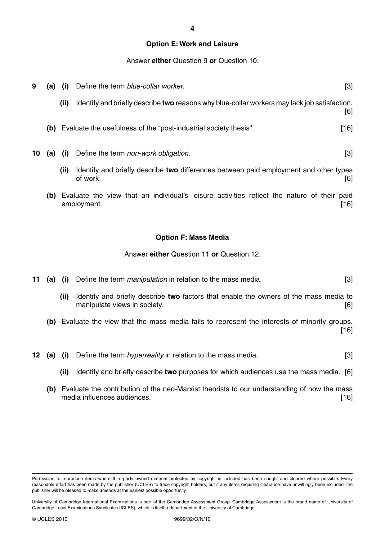 Cambridge A Level Sociology 9699 2010 Oct/Nov Paper 3 · Variant 2 question paper, page 4 of 4