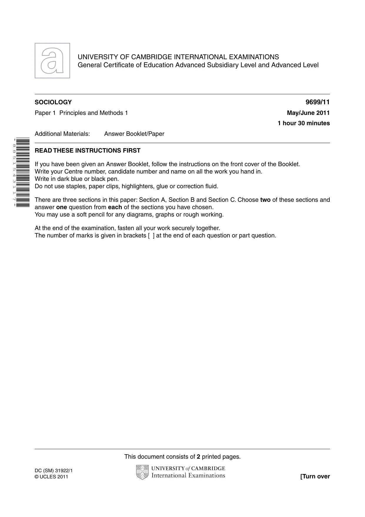 Cambridge A Level Sociology 9699 2011 May/June Paper 1 · Variant 1 question paper, page 1 of 2
