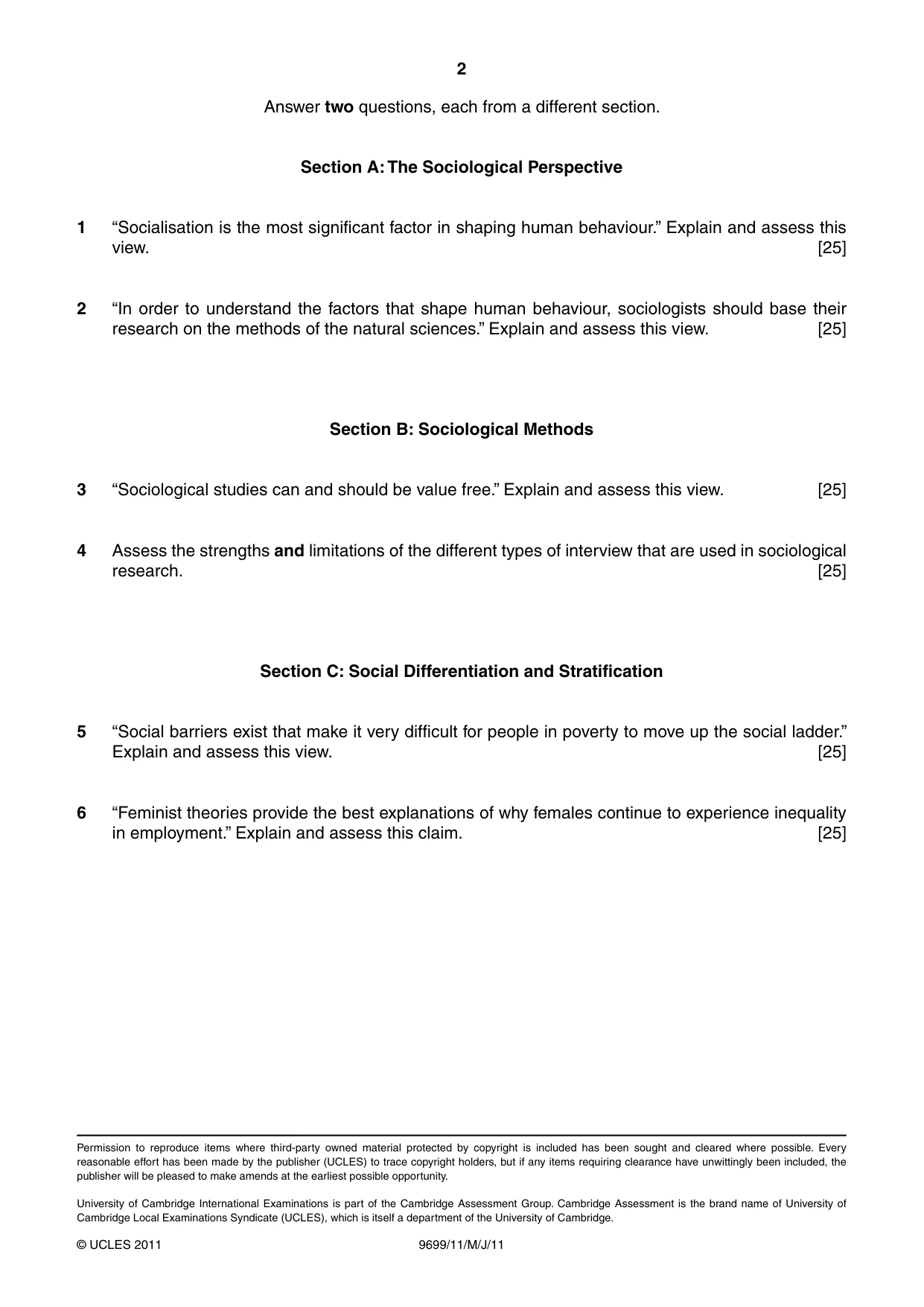 Cambridge A Level Sociology 9699 2011 May/June Paper 1 · Variant 1 question paper, page 2 of 2